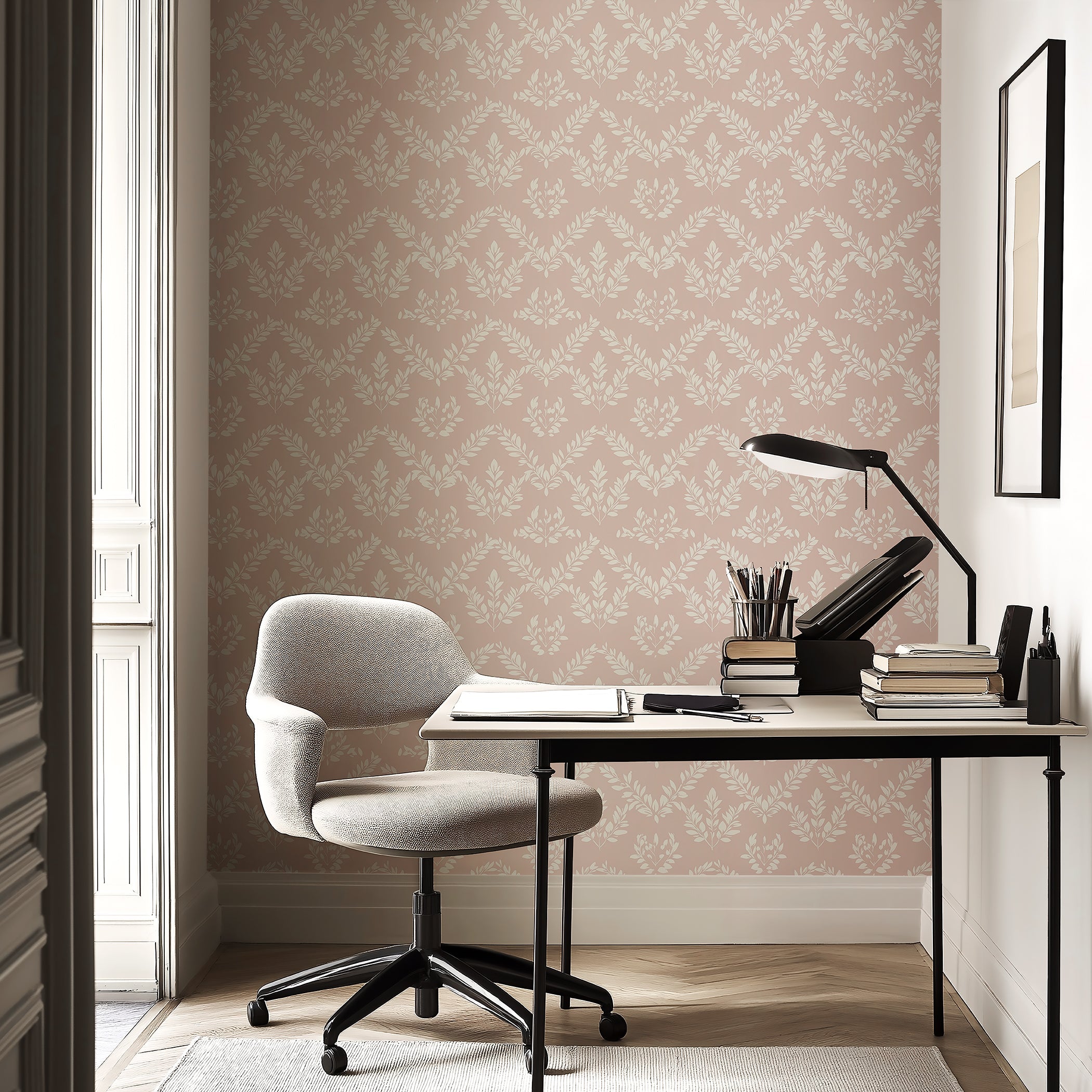 Stylish office space featuring "Blushing Botanicals" wallpaper with ivory floral laurels against a blush background, enhancing tranquility.