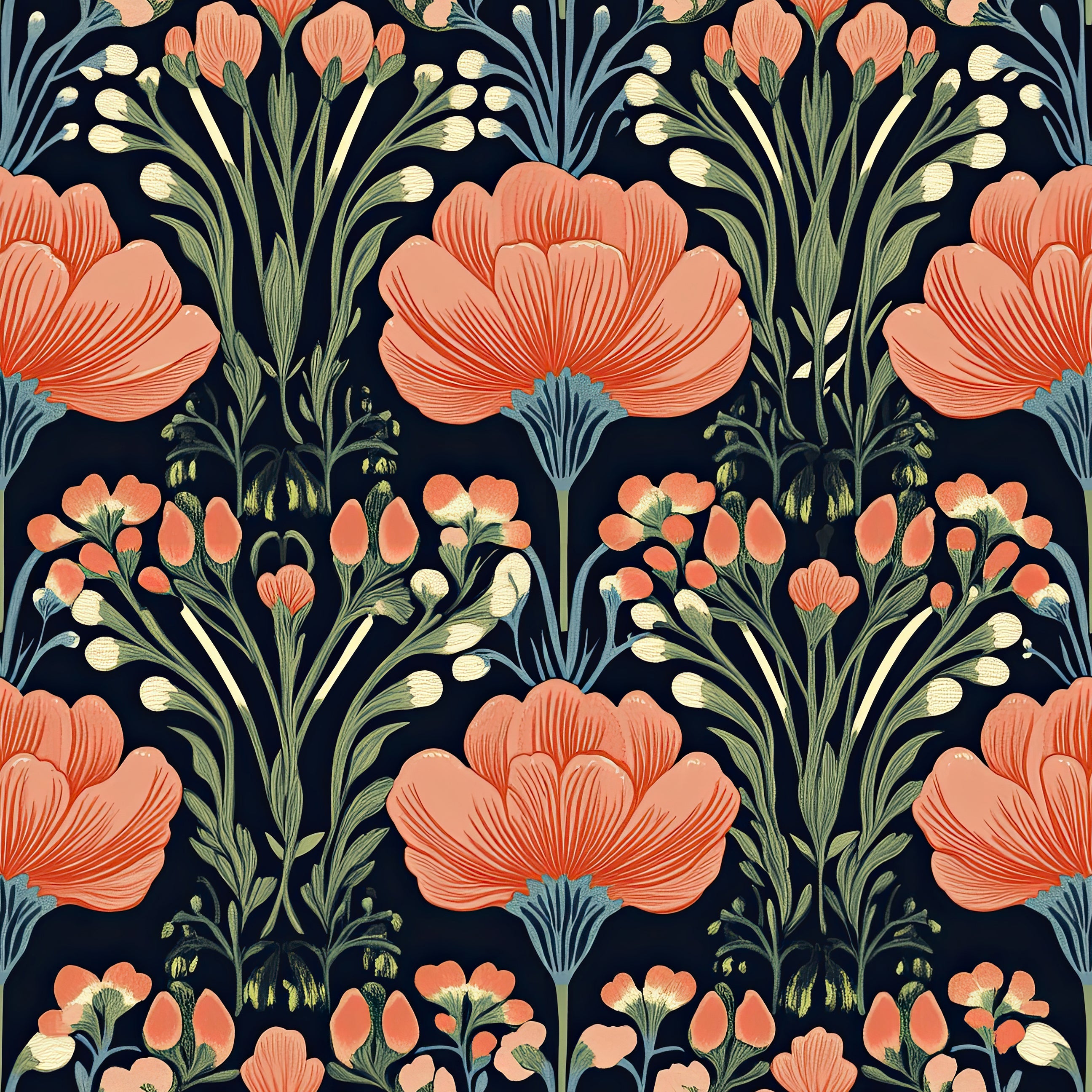 Vivid Garden Bloom floral wallpaper featuring coral and salmon flowers with cream and olive accents on a black background.