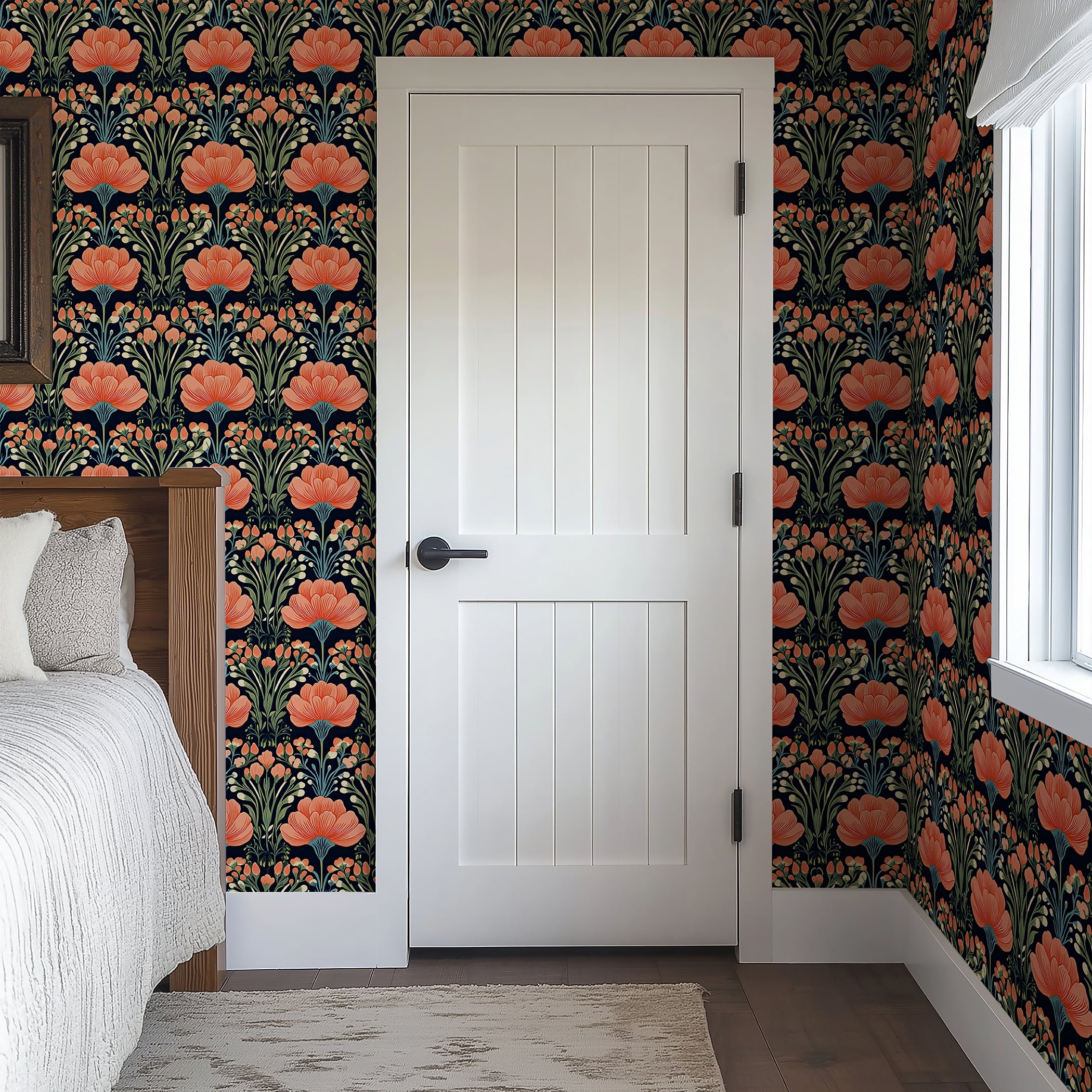 Room with Vivid Garden Bloom floral wallpaper featuring coral and salmon flowers on a black background, enhancing a cozy bedroom space.
