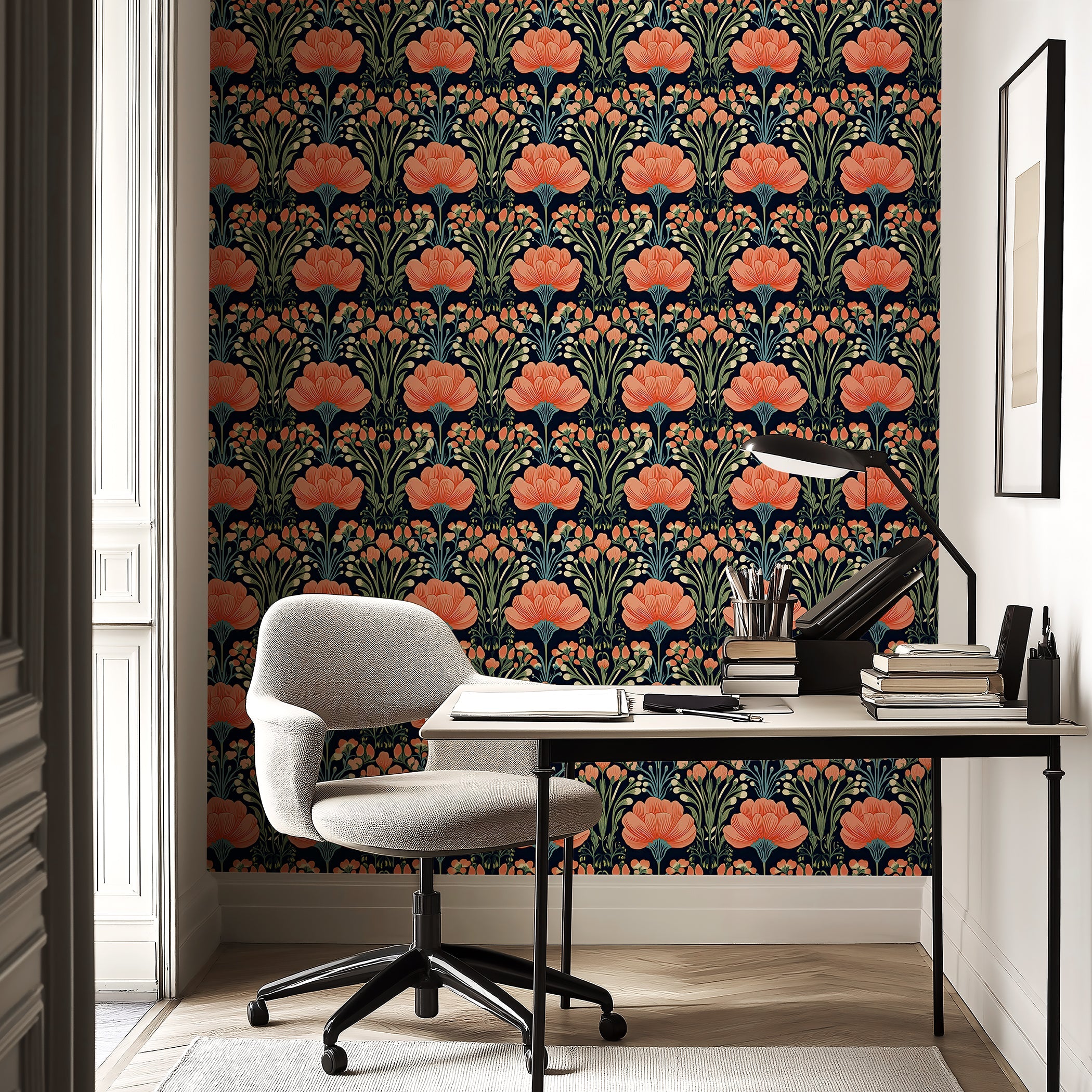Floral wallpaper with coral blooms and olive accents on a black background, transforming a study into a vibrant artistic retreat.