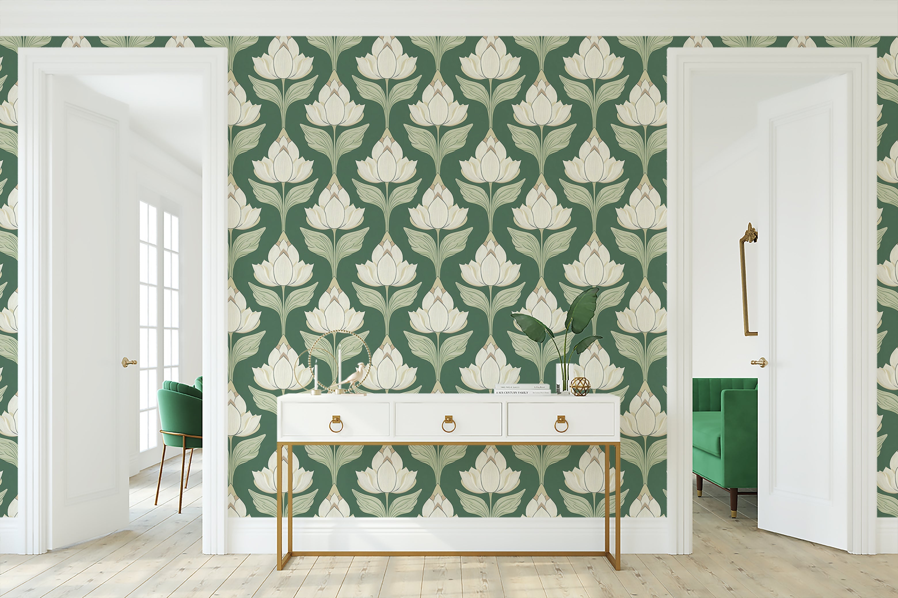 Chic Botanical Motif Wallpaper with ivory floral on sage green, Art Nouveau style floral design for elegant and timeless interior spaces.