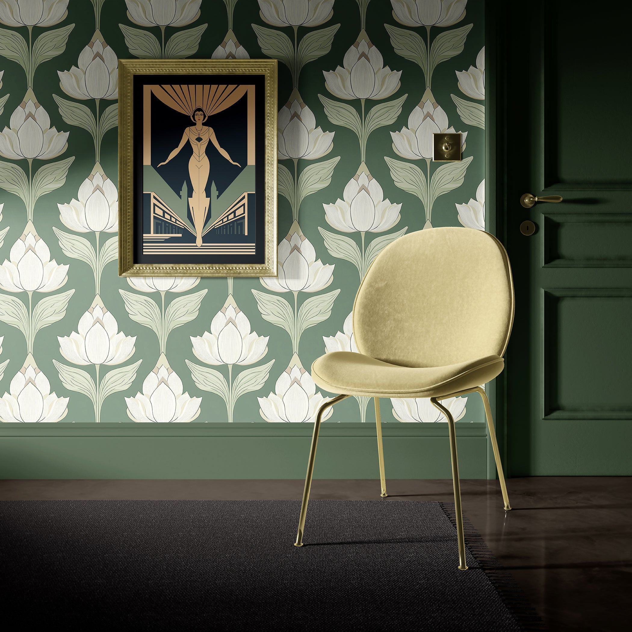 Art nouveau chic botanical wallpaper with ivory floral motifs on sage green, featuring elegant chair and framed art on the wall.
