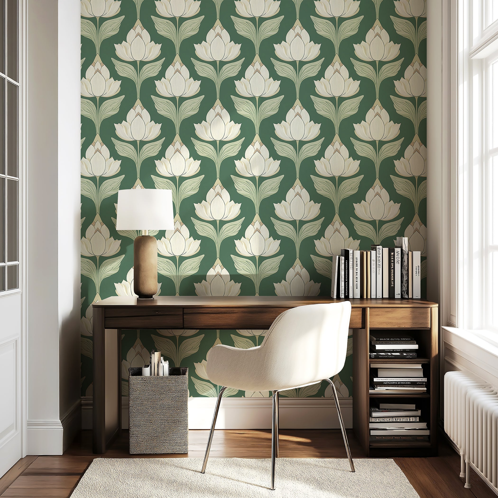Art nouveau floral wallpaper with ivory flowers on sage green, chic botanical motif in serene living space decor.
