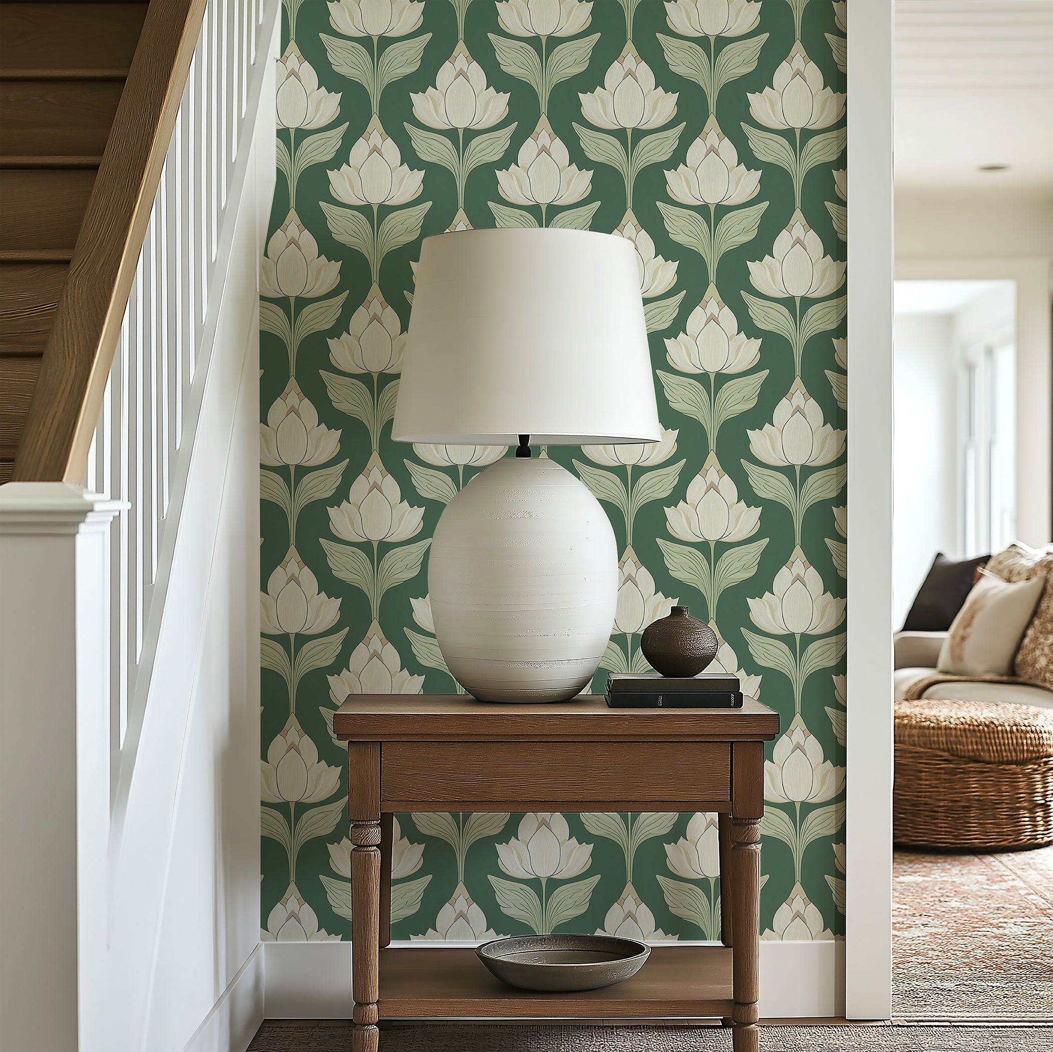 Art nouveau floral wallpaper with ivory blooms on deep sage green, adding timeless elegance to a room with a lamp and table.