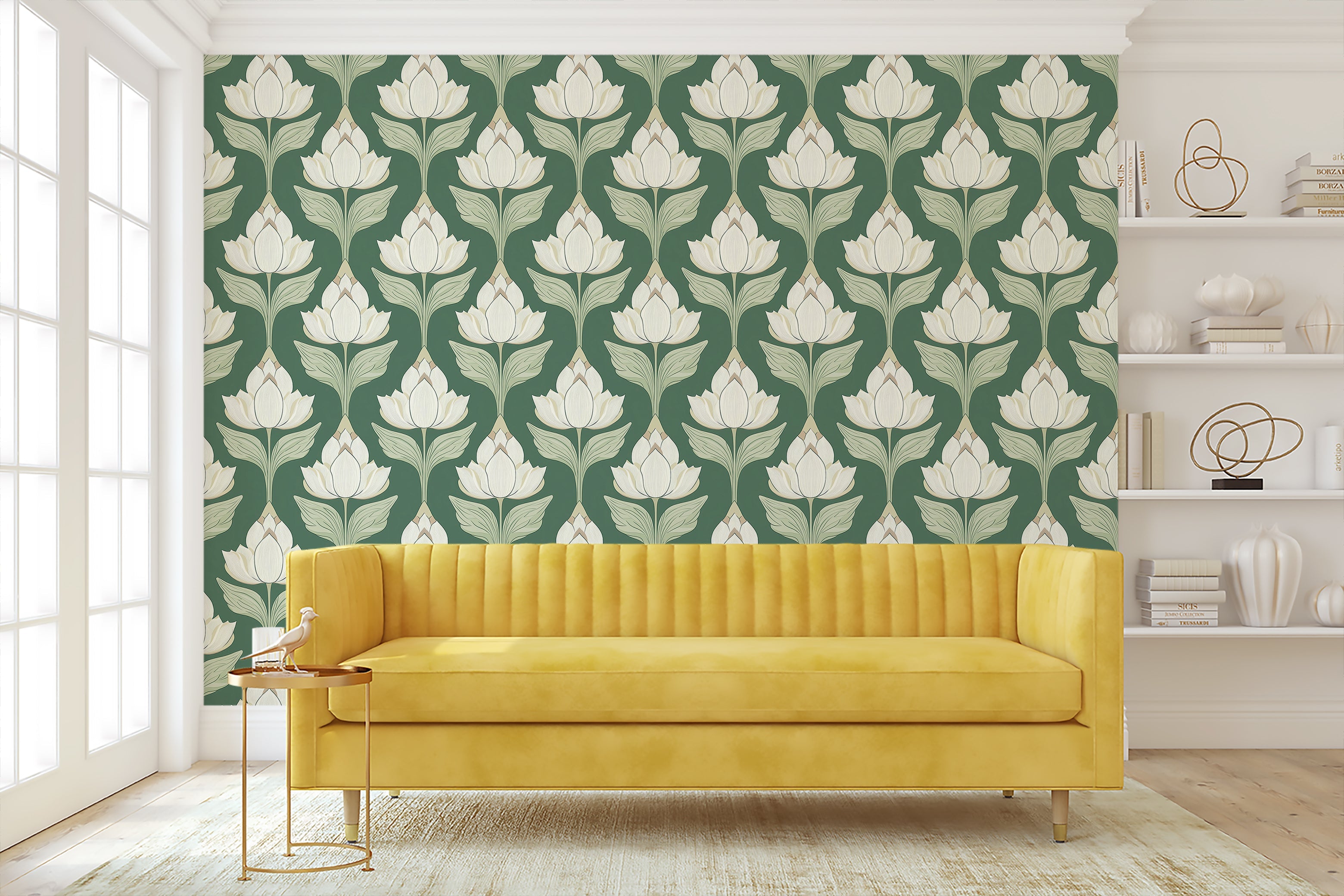 Chic Botanical Motif Wallpaper with ivory floral blooms, delicate leaves on deep sage green, Art Nouveau style, enhances elegant interiors.