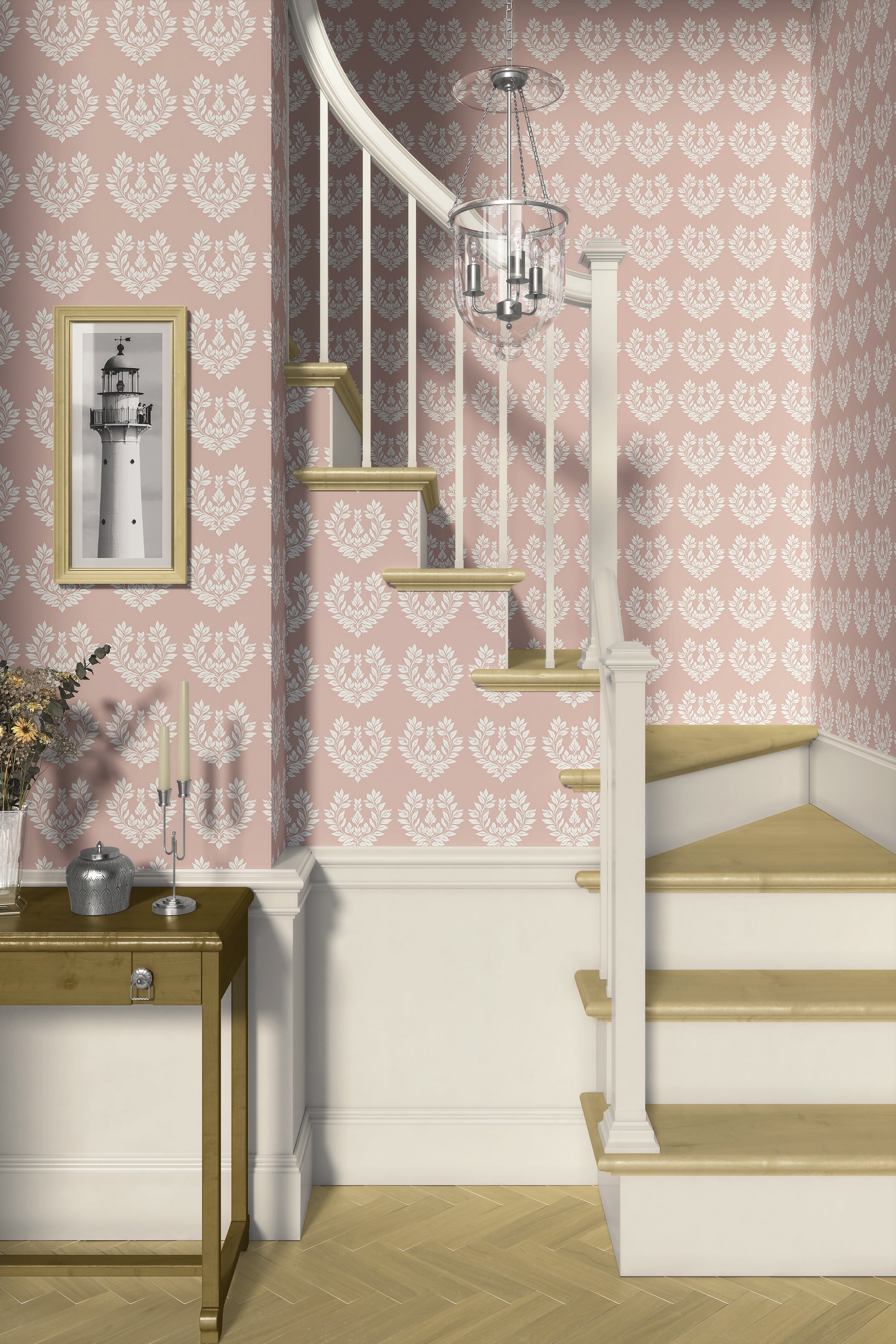 Romantic Flora Design Wallpaper featuring elegant white floral laurel patterns on blush-pink, enhancing a traditional staircase.