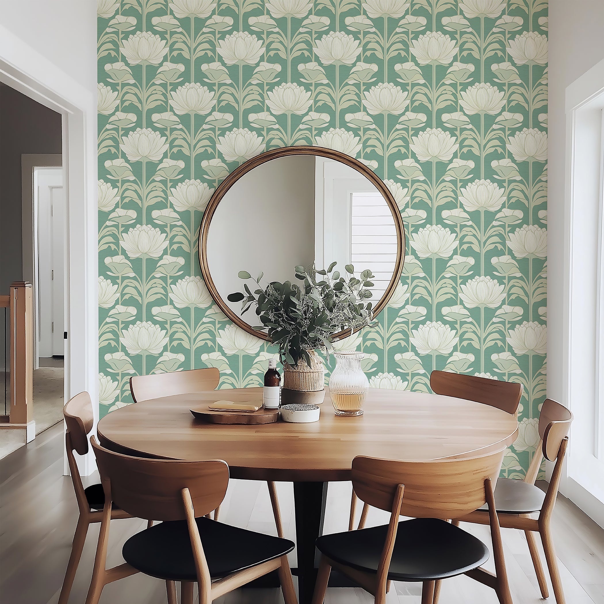 Vintage Floral Retreat Wallpaper in art nouveau style with ivory flowers on green, featuring timeless botanical elegance for home décor.
