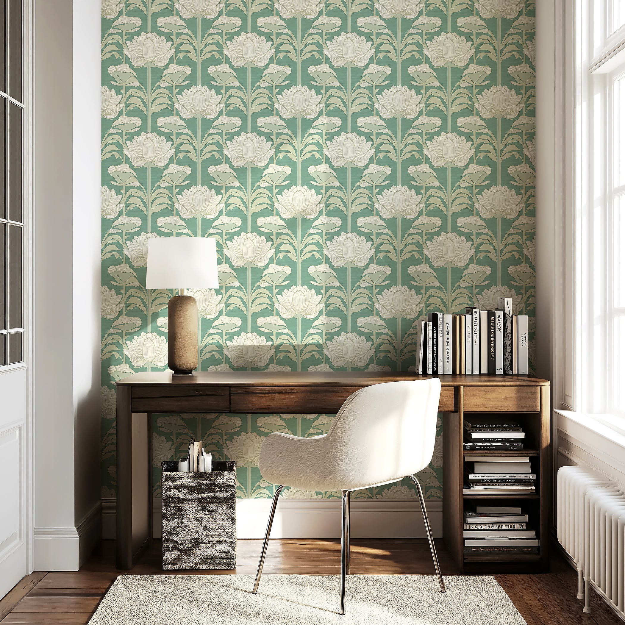Art Nouveau damask wallpaper with ivory floral pattern on muted green background, enhancing room decor with vintage elegance.