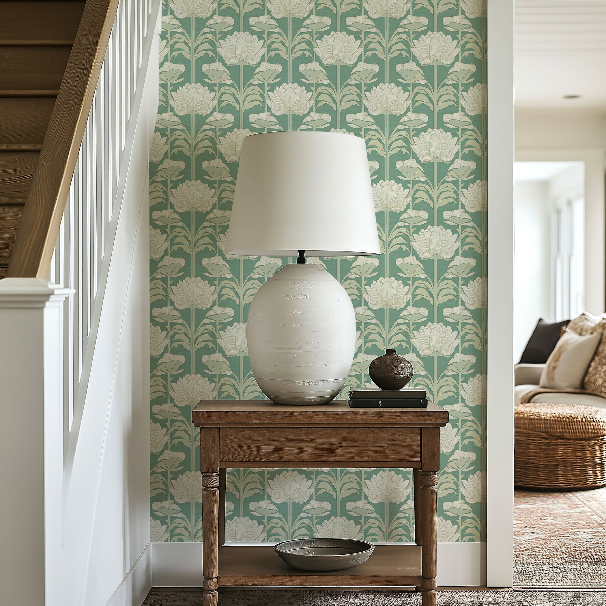 Art nouveau damask wallpaper with ivory flowers on muted green background, enhancing a cozy nook with a vintage floral aesthetic.