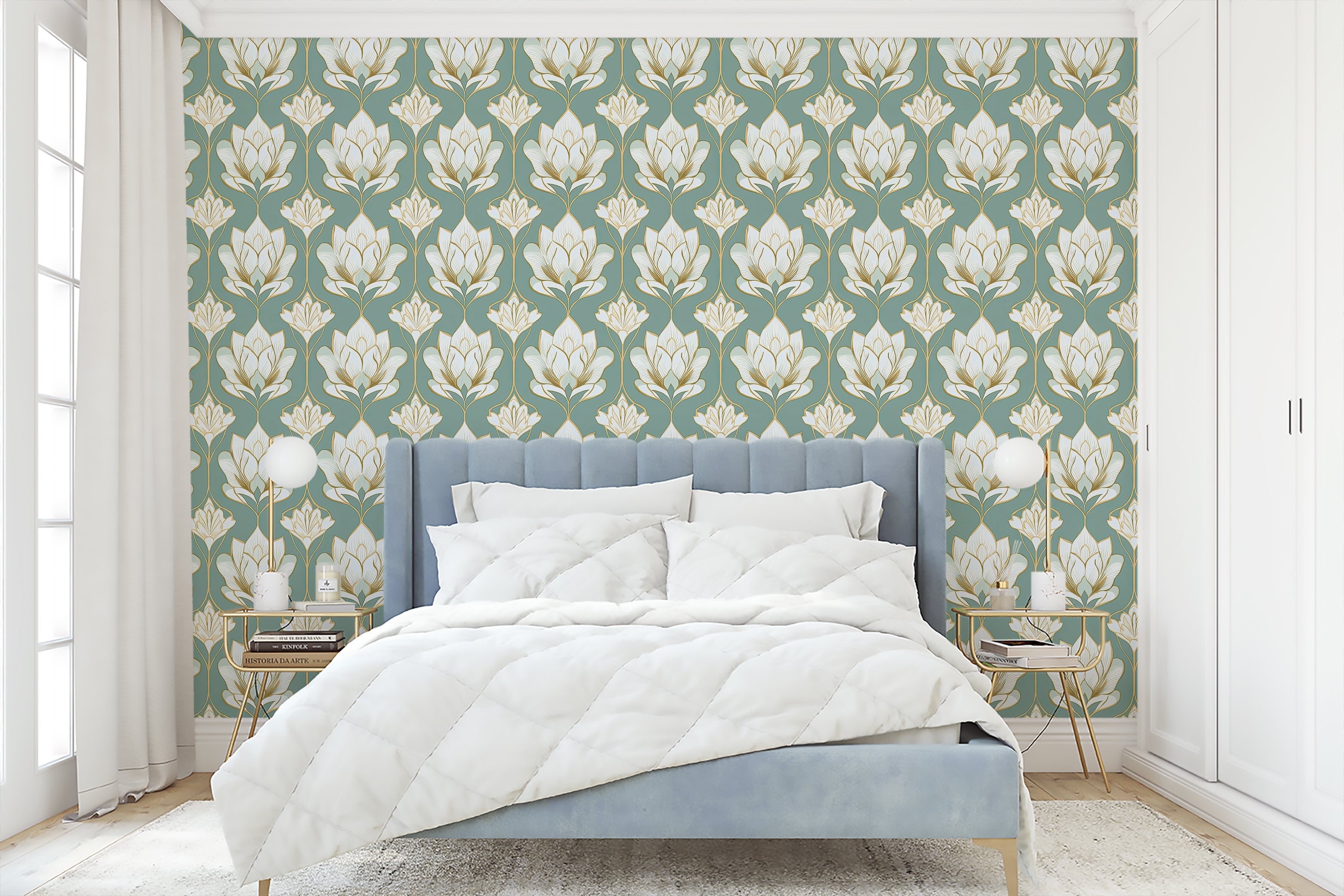 Luxurious bedroom featuring Regal Lotus Garden wallpaper with ivory lotus flowers on a soft green Art Nouveau background, enhancing modern decor.