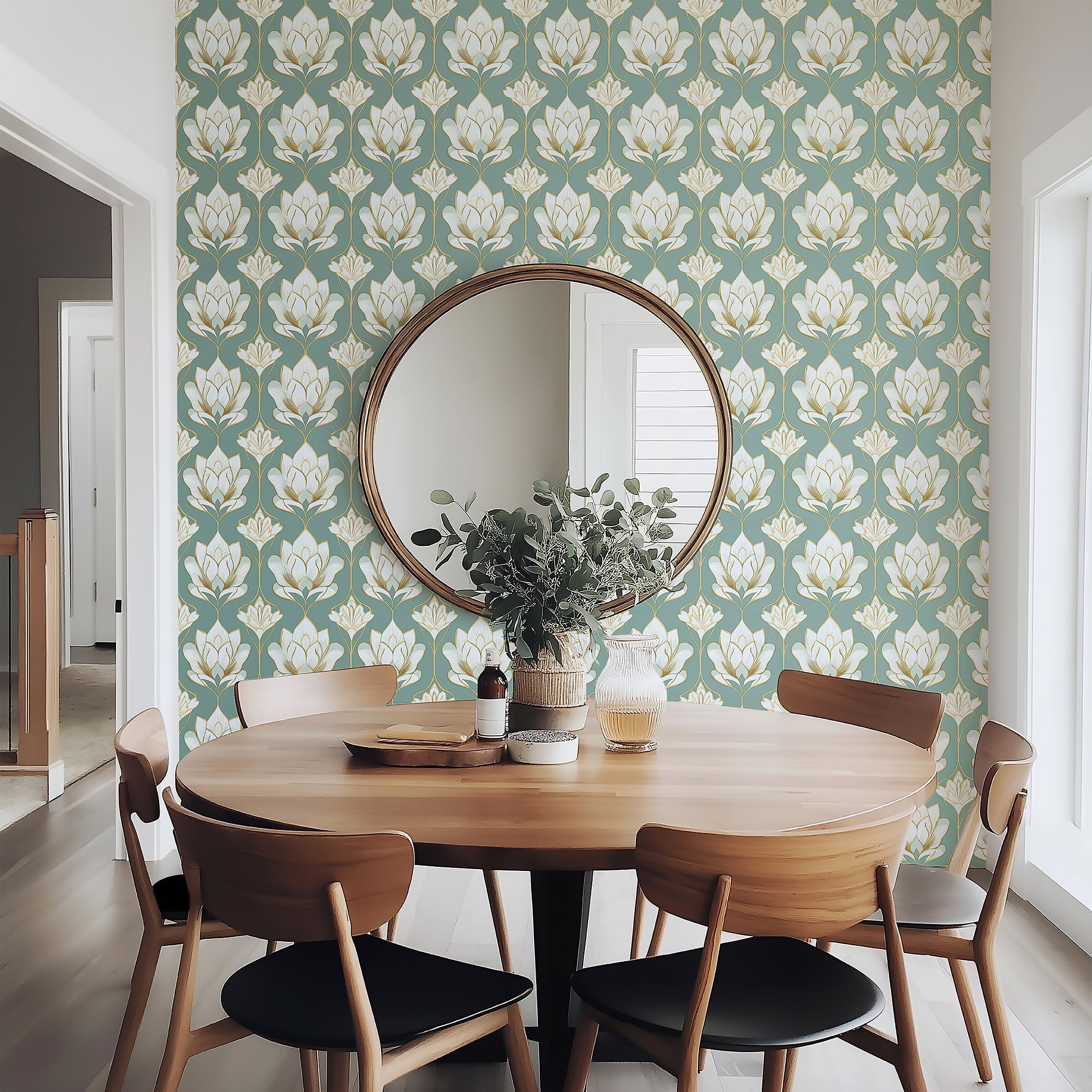 Modern dining room with Regal Lotus Garden wallpaper featuring lotus flowers and floral damask pattern on a soft green background.