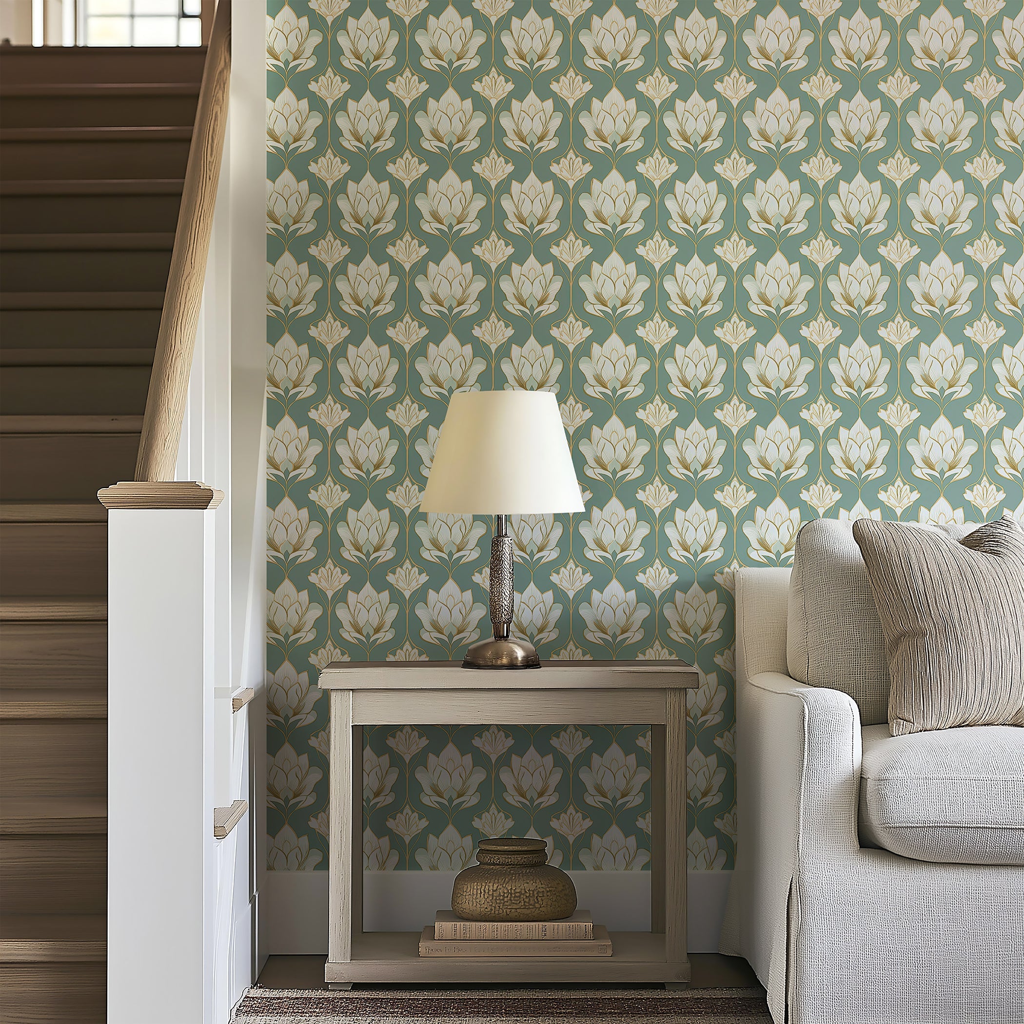 Regal Lotus Garden wallpaper featuring lotus flowers in ivory and gold on a soft green damask background for modern elegance.