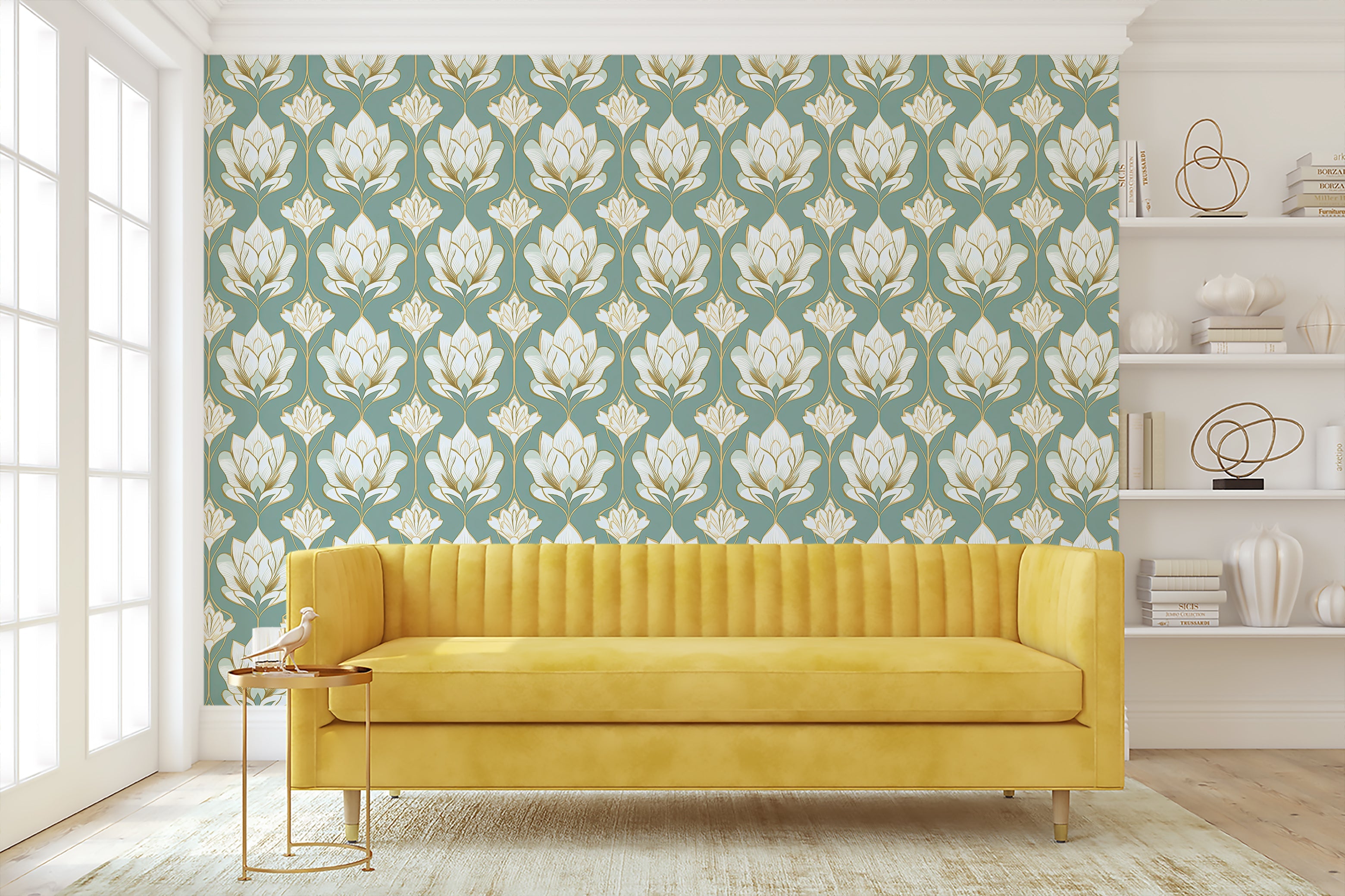 Regal Lotus Garden wallpaper showcasing ivory lotus flowers on a green background, perfect floral design for modern living rooms.