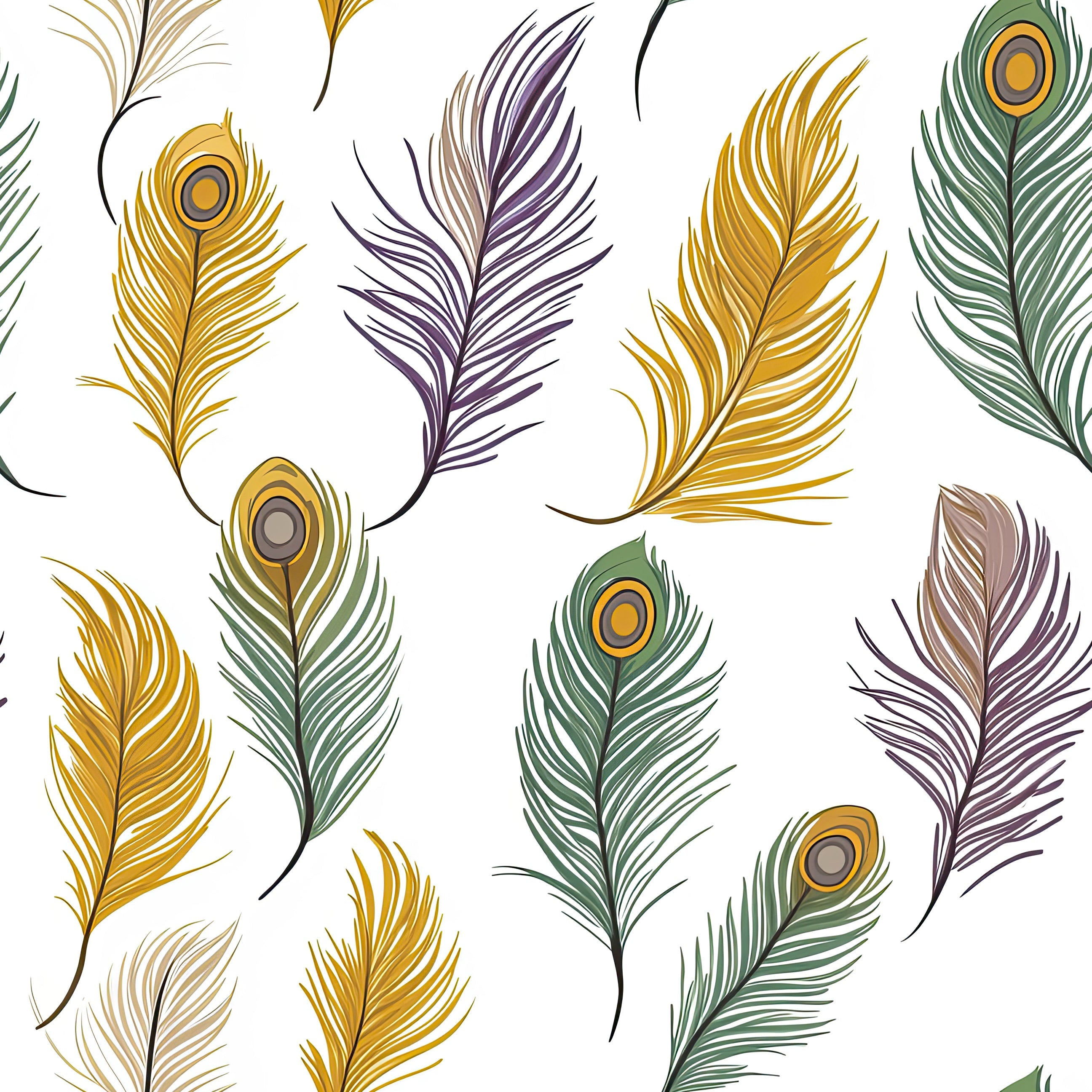 Colorful peacock feathers in mustard, green, violet, and taupe on a white background for dynamic wallpaper design.