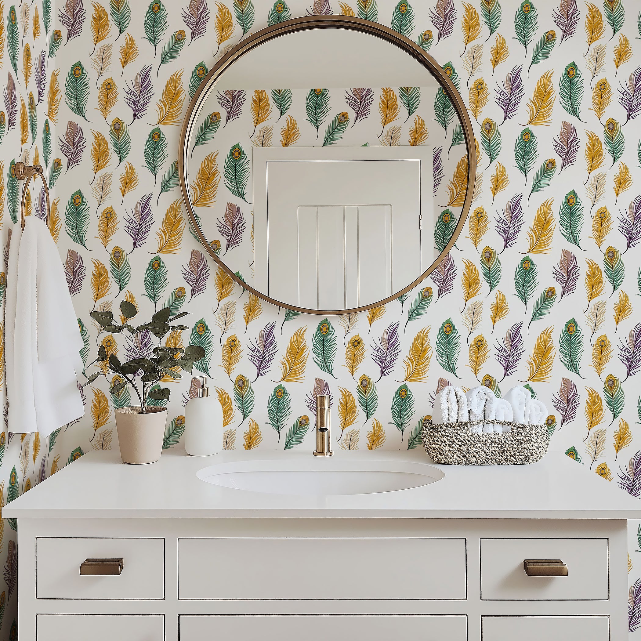 Feather Fantasy wallpaper featuring vibrant peacock feathers in mustard, emerald, violet, and soft taupe colors in a bathroom.