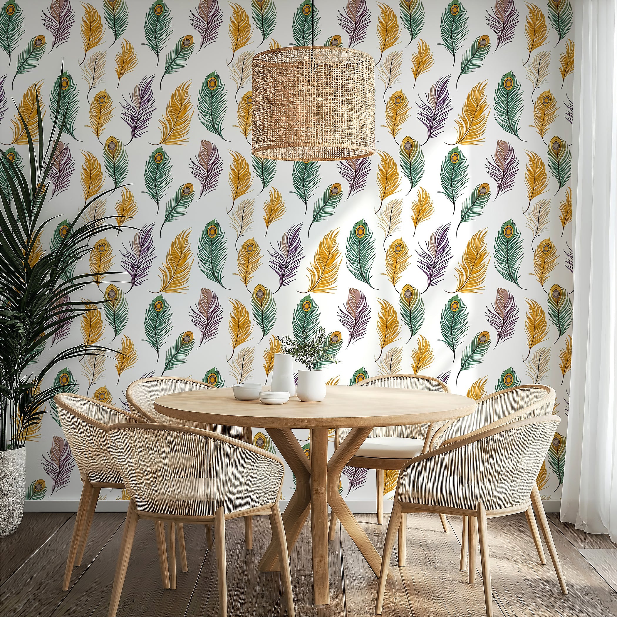 Feather Fantasy wallpaper featuring vibrant peacock feathers in mustard, emerald, and violet, enhancing a stylish dining area.