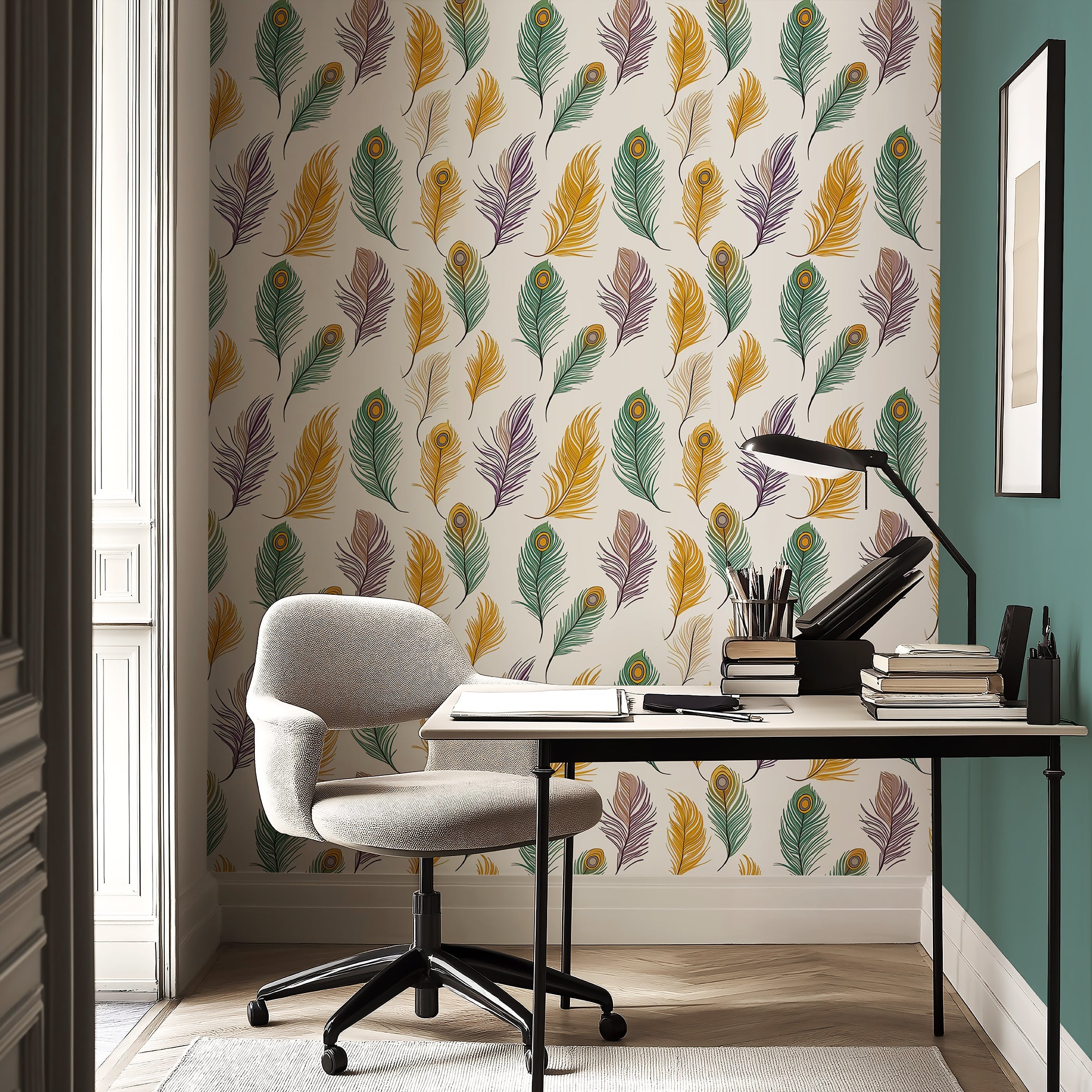A stylish home office featuring 'Feather Fantasy' wallpaper with peacock feathers in mustard, green, violet, and taupe shades.