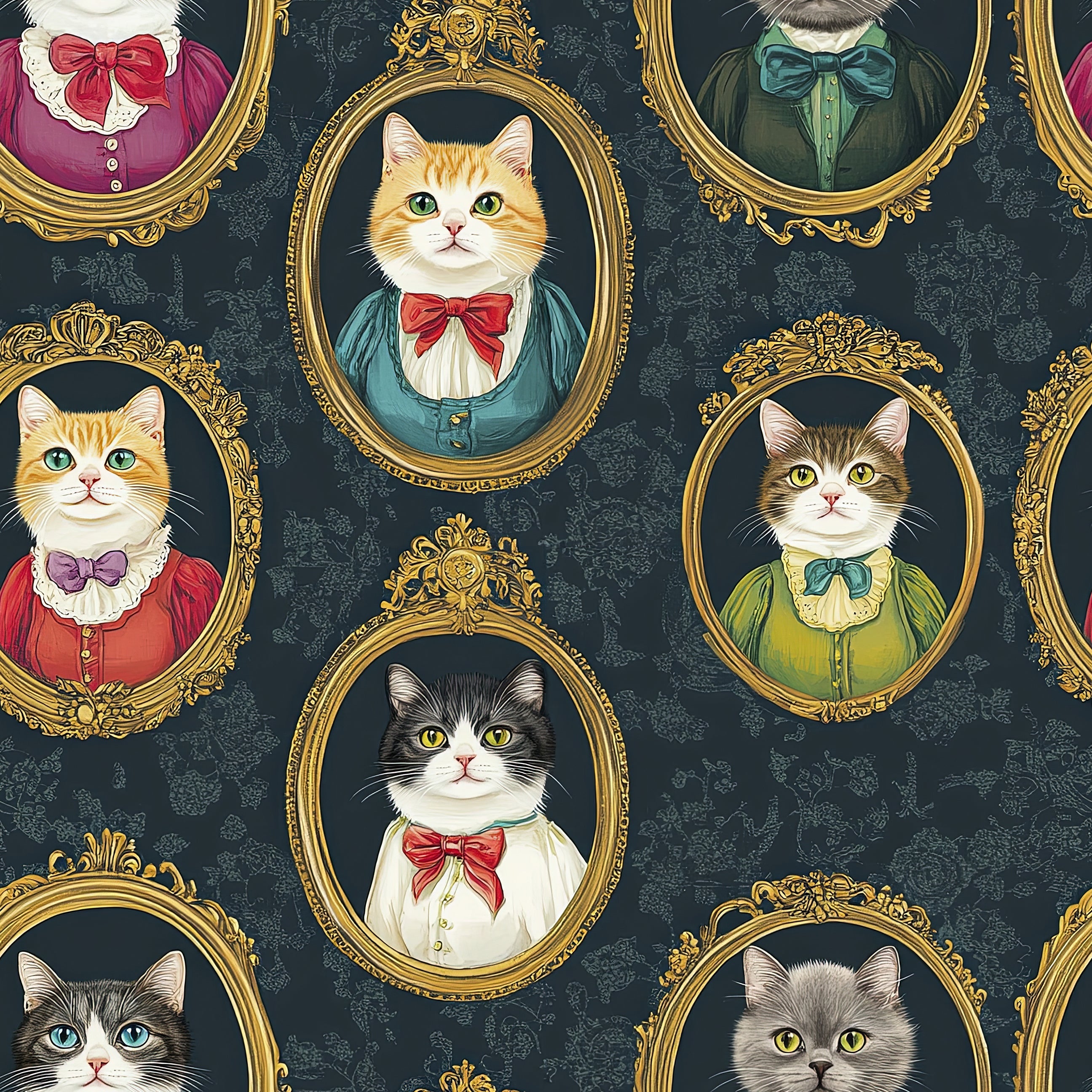 Victorian Cat Gallery wallpaper featuring regal cats in ornate frames, perfect for modern art lovers and pet enthusiasts.