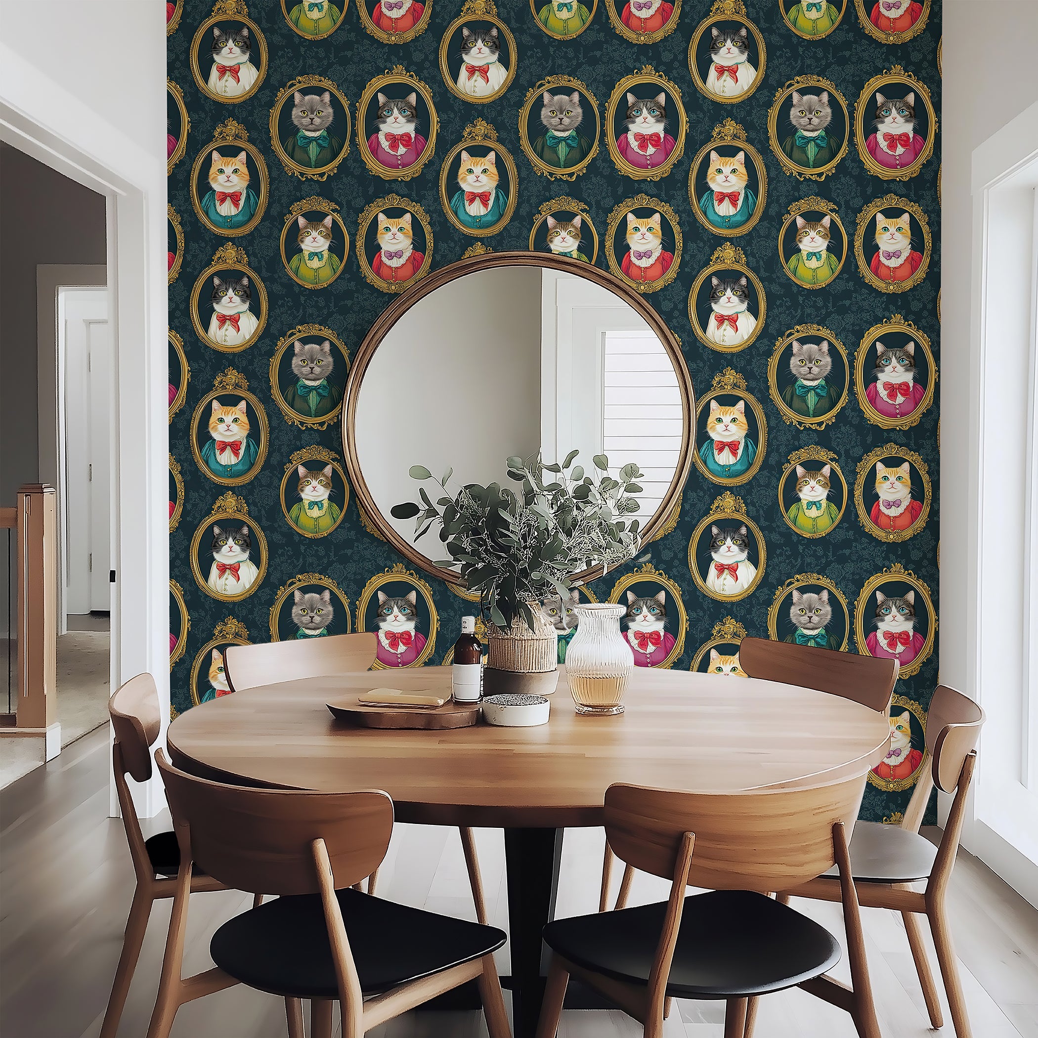 Victorian Cat Gallery wallpaper featuring refined cats in portraits, enhancing a modern dining space with playful charm.