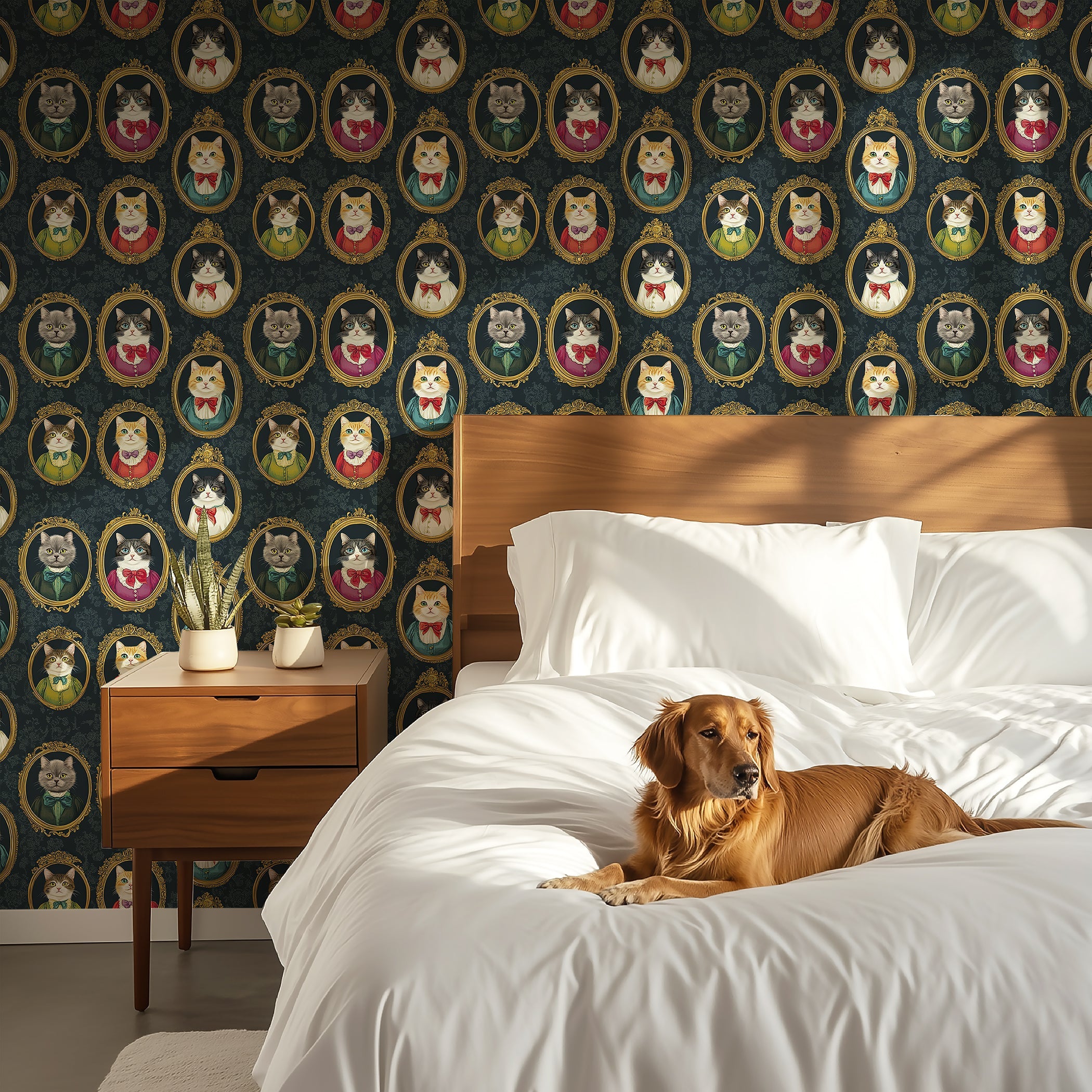 Victorian Cat Gallery wallpaper featuring portrait ovals of refined cats, with a dog resting on a bed in a cozy bedroom.
