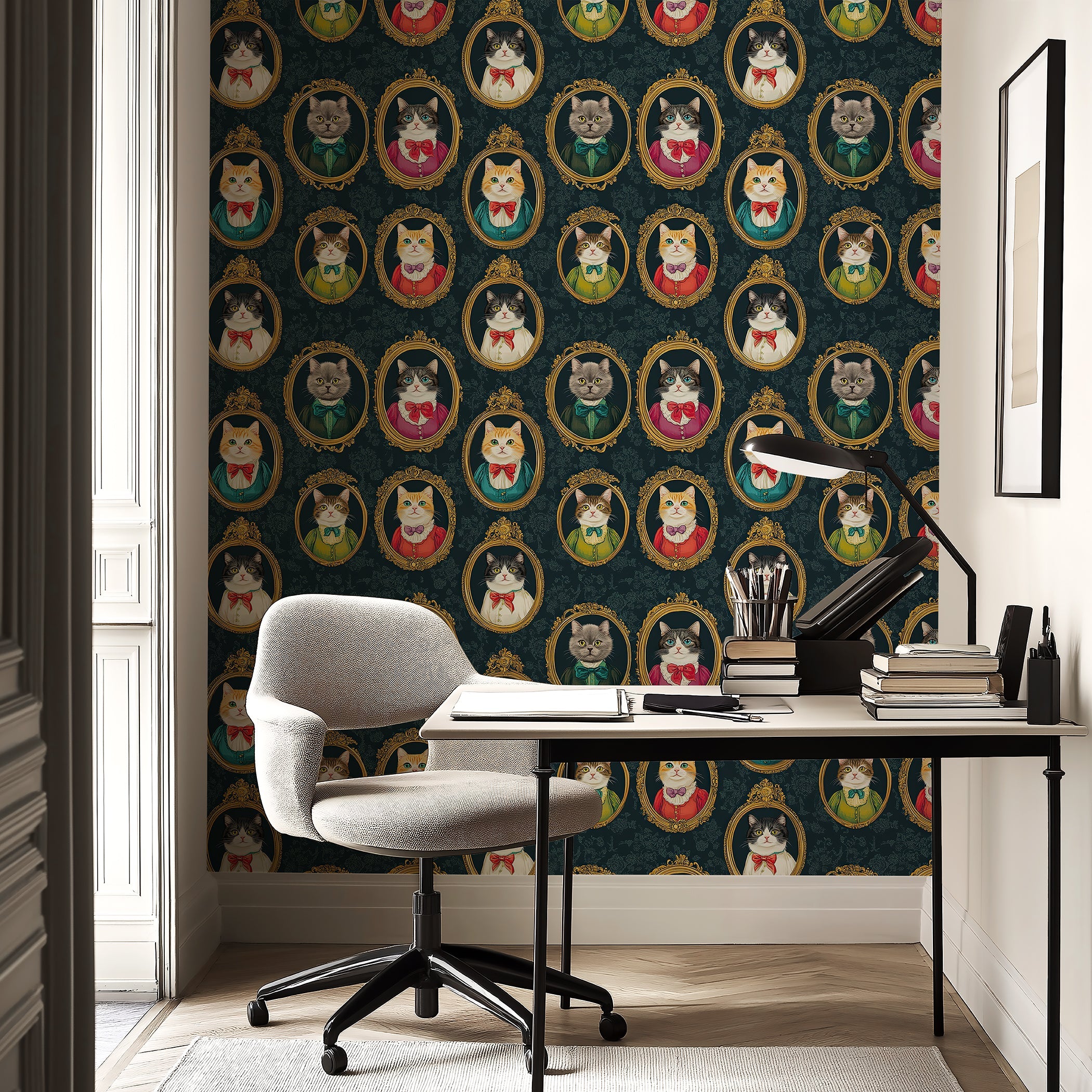 Victorian Cat Gallery wallpaper featuring cats in portraits, adding charm to a modern workspace decor.