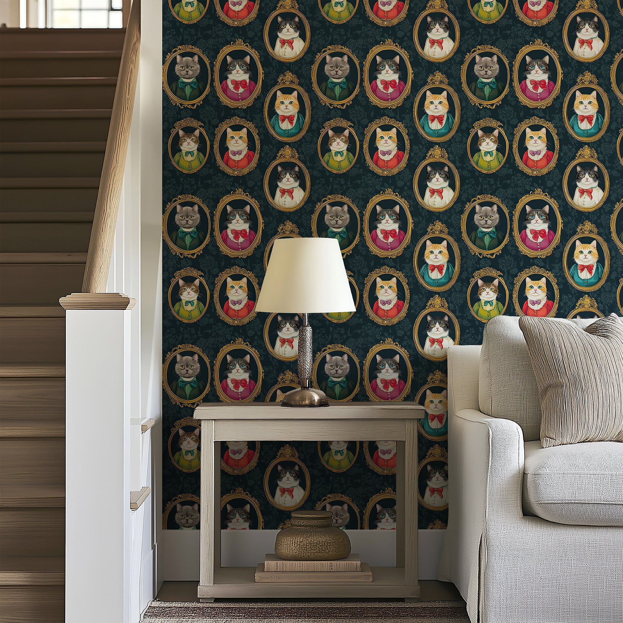 Victorian Cat Gallery wallpaper featuring refined cats in portraits on a patterned damask backdrop, ideal for home decor.