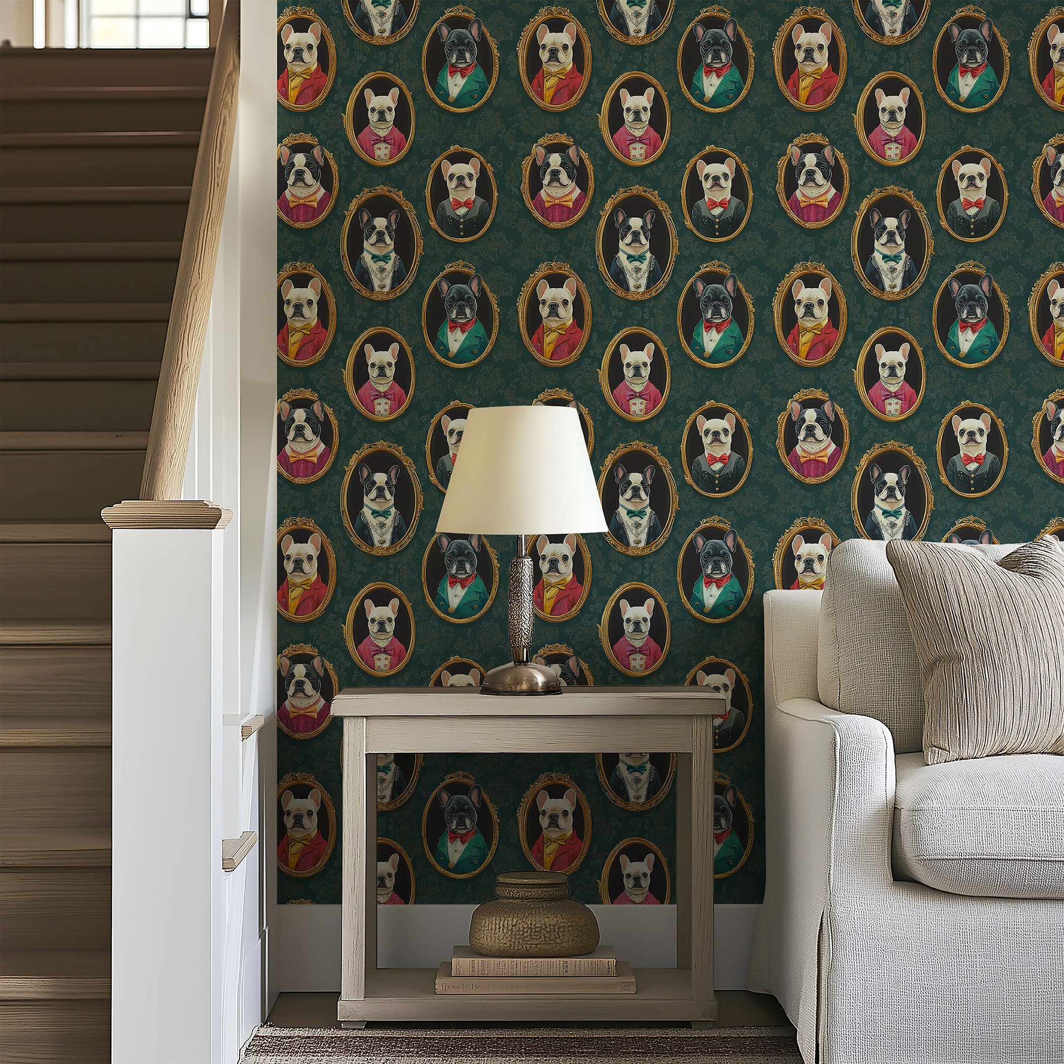 Victorian wallpaper featuring French Bulldogs portraits in ornate frames, adding charm and elegance to home decor.