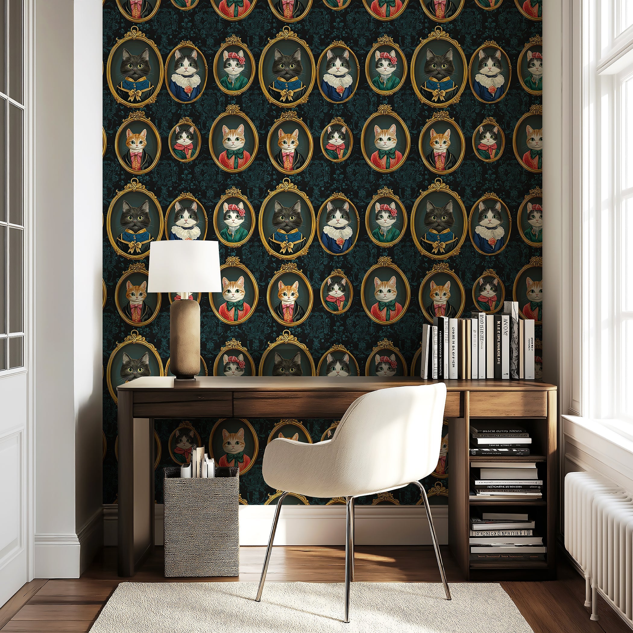 Victorian cat wallpaper featuring kittens in ornate frames, adding whimsical charm to modern interiors.