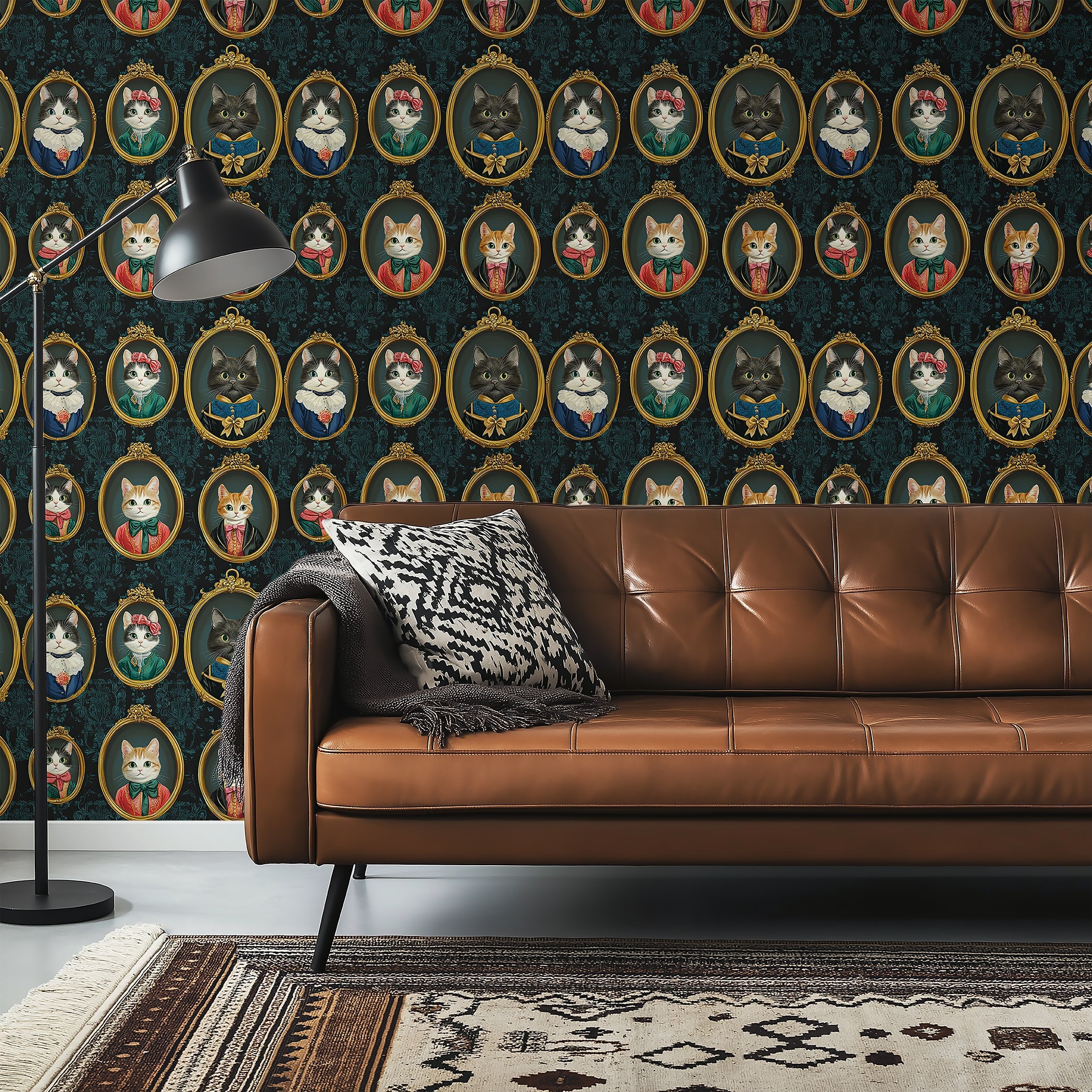 Elegant Victorian Cat Gallery II wallpaper featuring kittens in ornate frames, adding charm to modern interior decor.