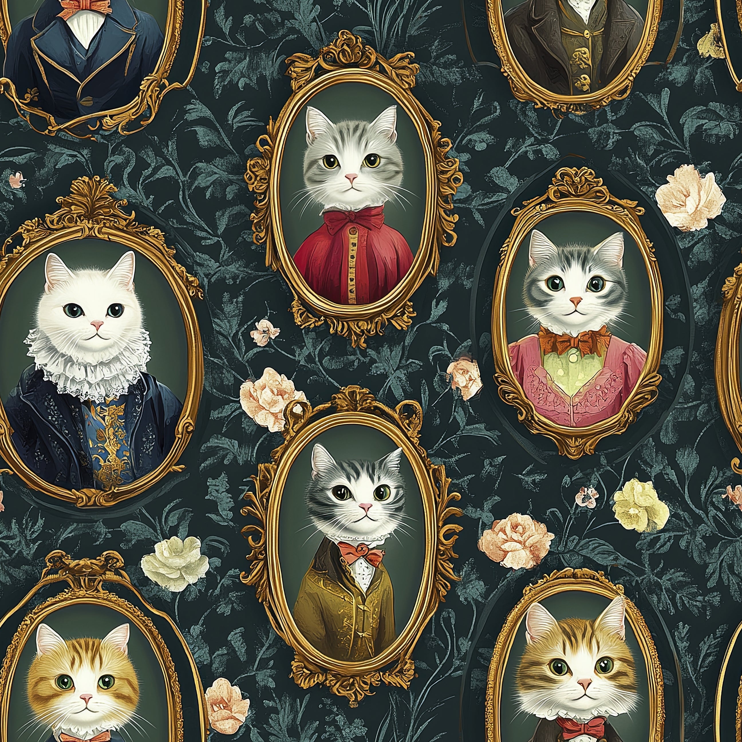 Victorian Cat Gallery III wallpaper featuring elegant cats in antique frames, ideal for pet lovers and modern art enthusiasts.