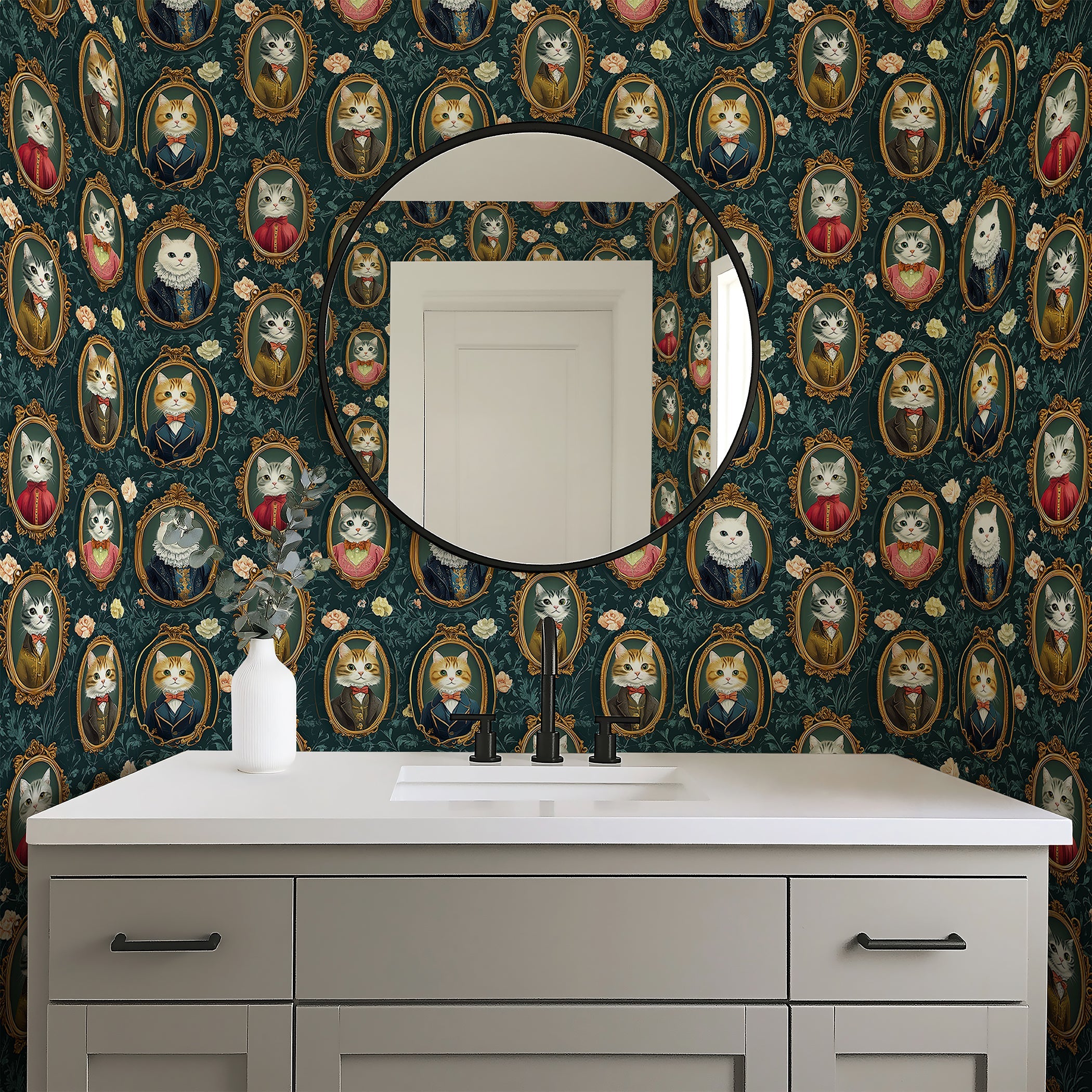 Victorian Cat Gallery III wallpaper featuring elegant cat portraits in ornate frames for a whimsical and sophisticated decor.