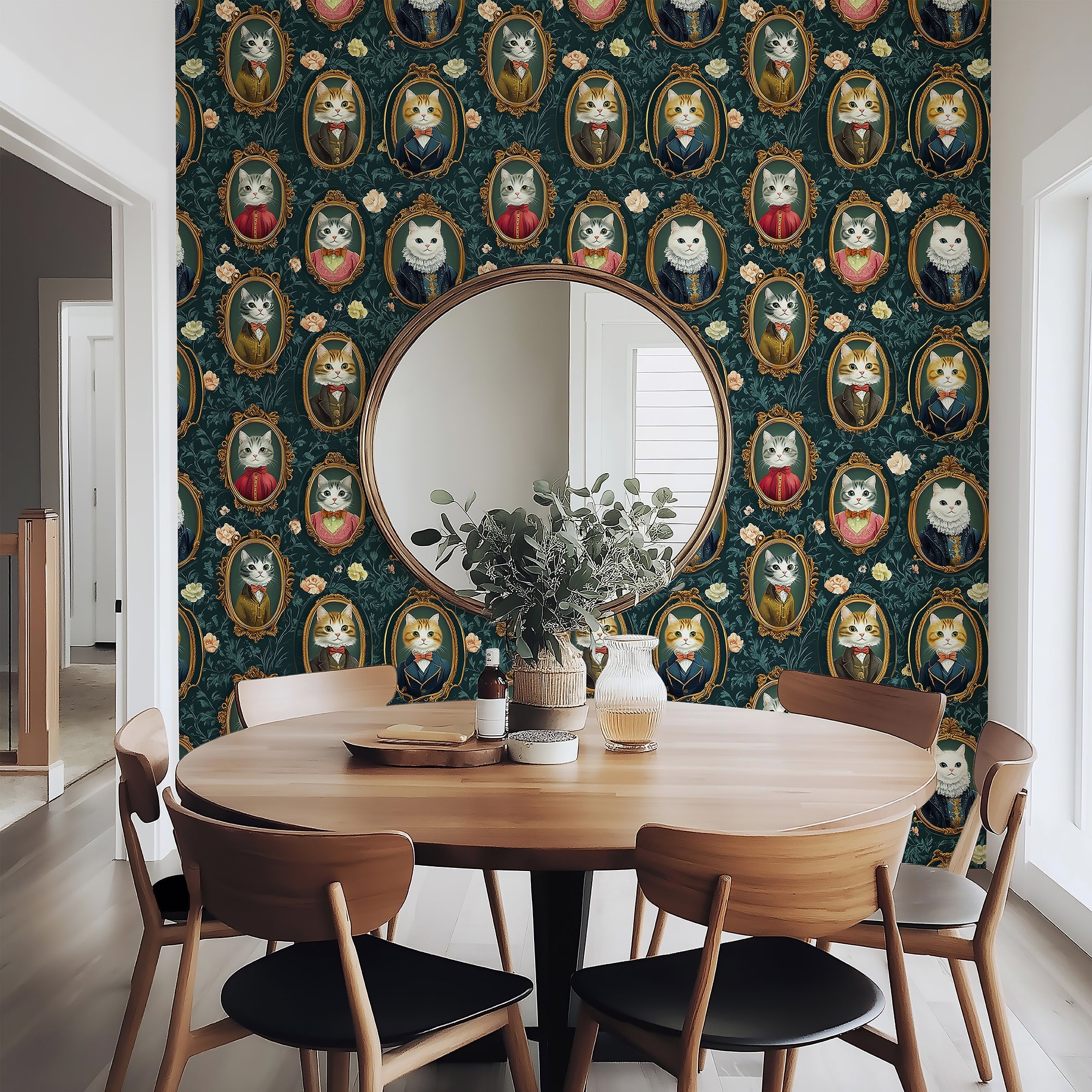 Victorian Cat Gallery III wallpaper featuring regal cats portraits in antique frames, enhancing a modern dining room aesthetic.