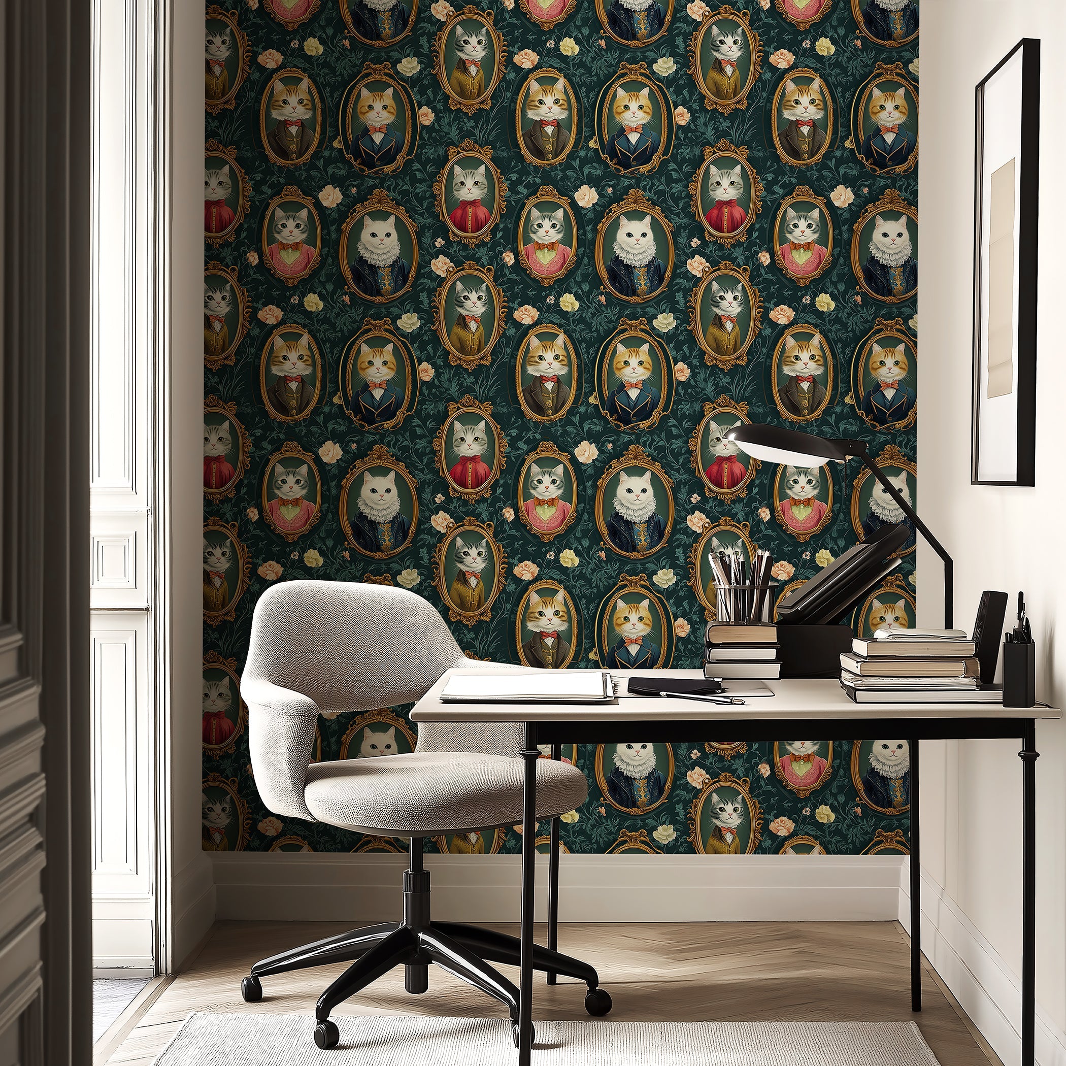 Elegant Victorian Cat Gallery III wallpaper featuring whimsical cat portraits in antique gold frames.