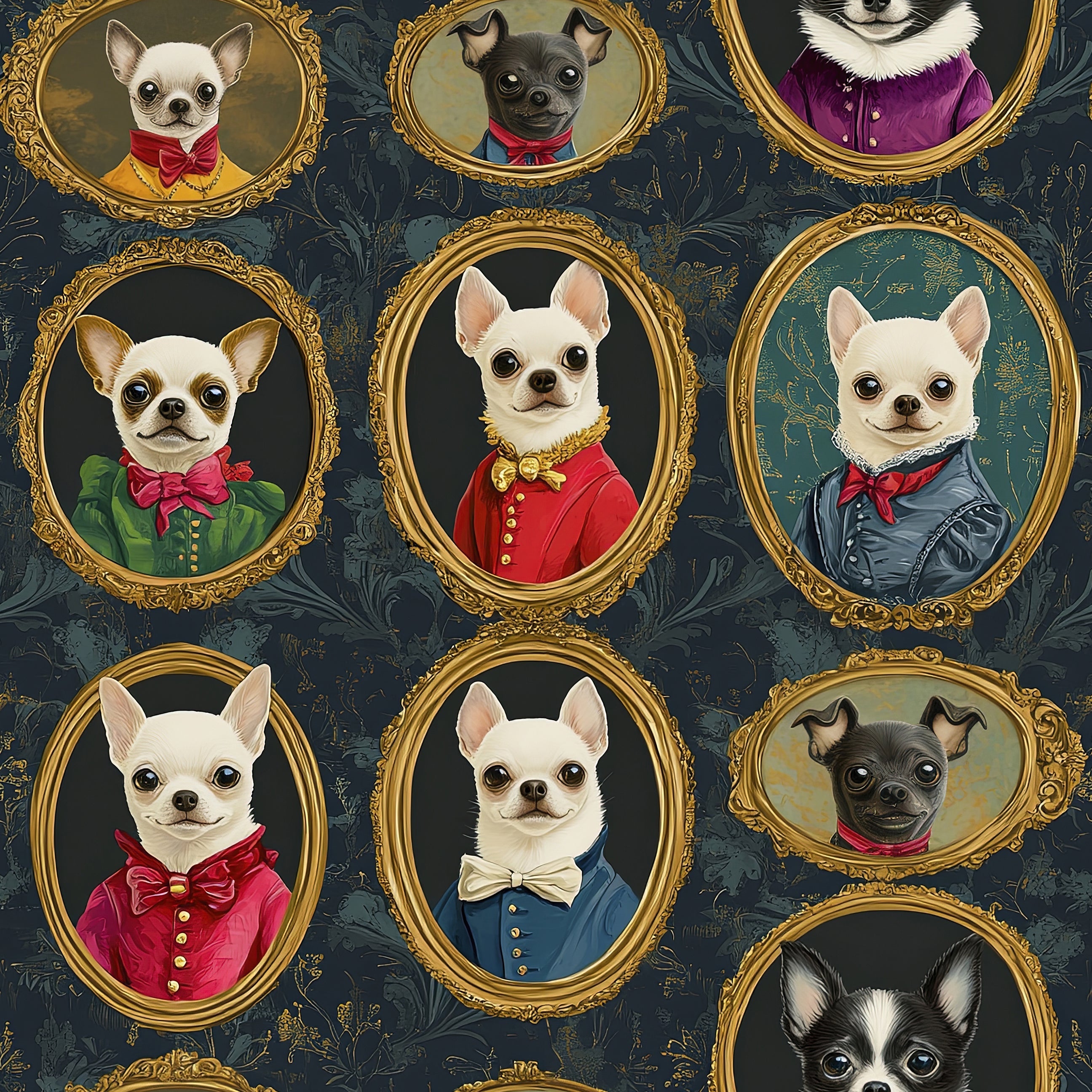 Chihuahuas in ornate gold frames on Victorian-style wallpaper, showcasing playful pet portraits with modern design.
