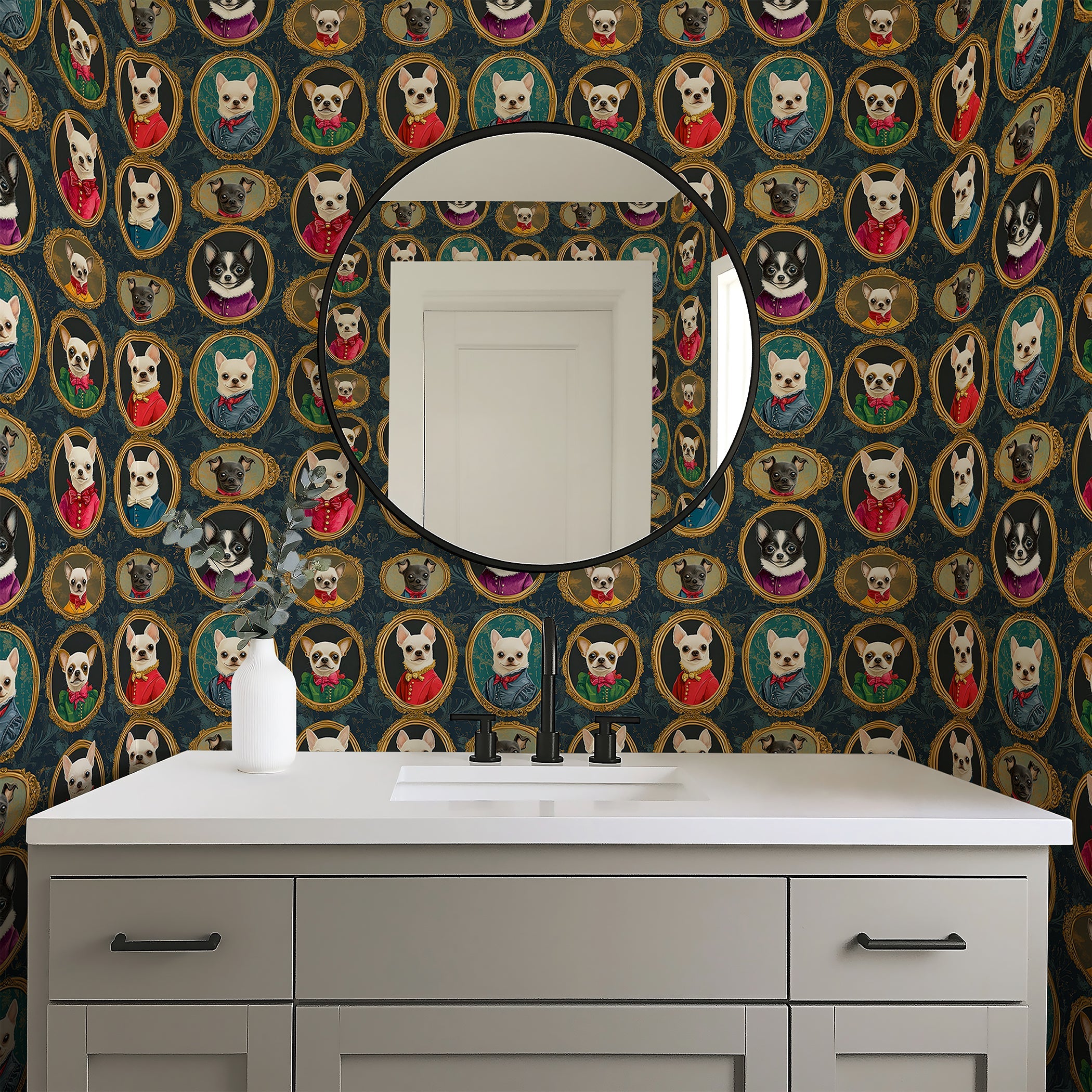 Chihuahuas wallpaper featuring ornate portraits in a stylish bathroom setting with modern design elements.