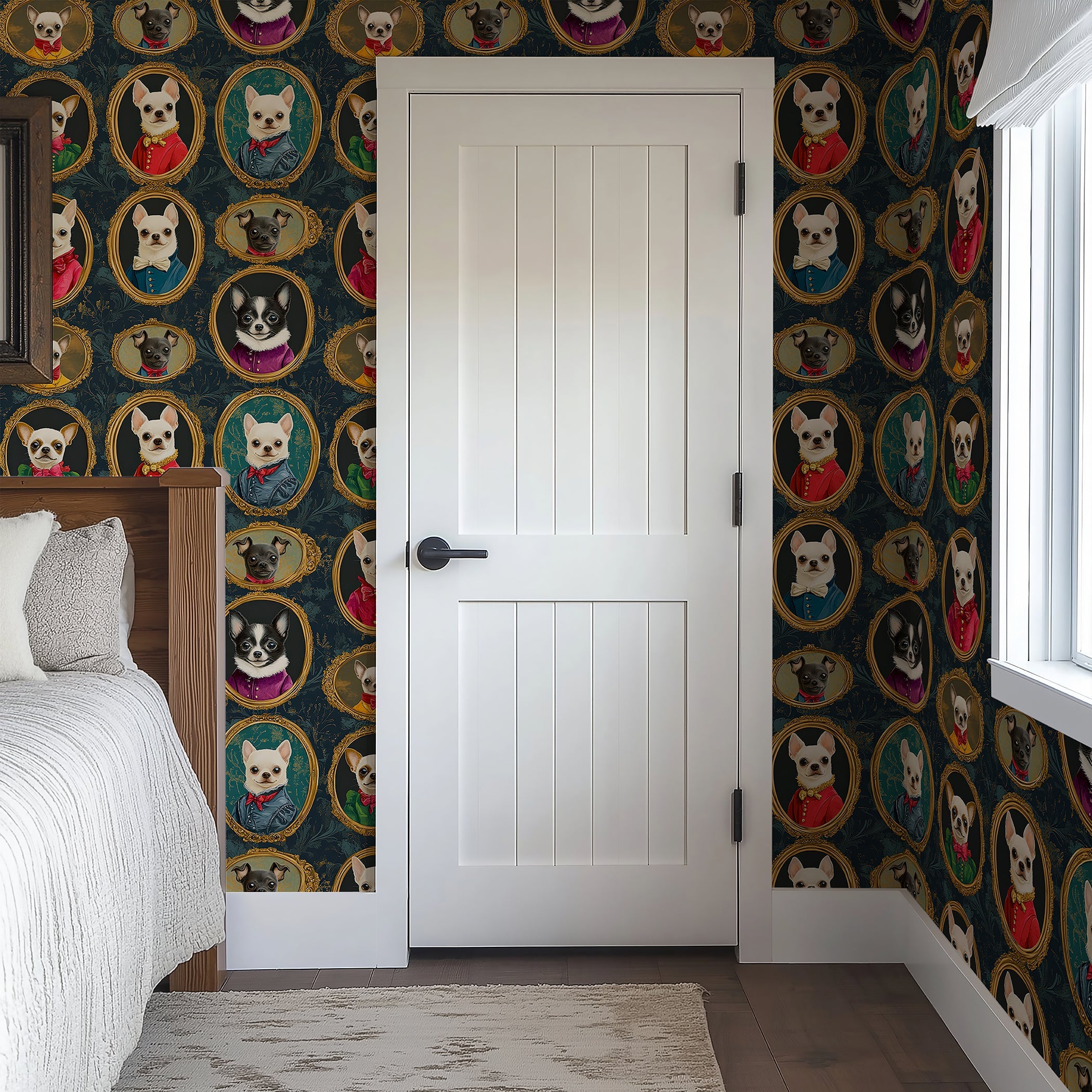 Chihuahuas wallpaper featuring playful dog portraits in ornate frames, adding charm to a modern bedroom design.