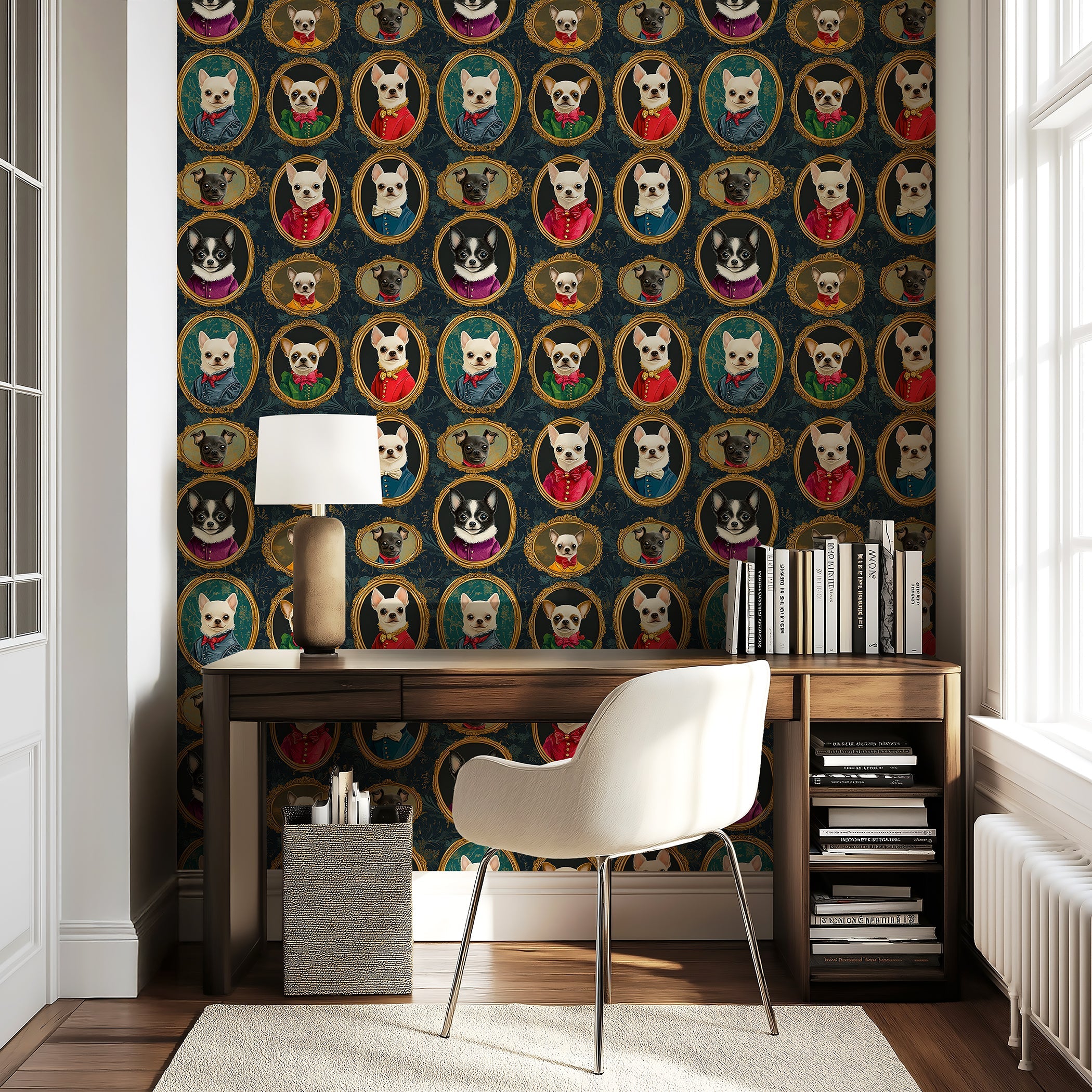 Victorian-style wallpaper featuring Chihuahuas in ornate frames, ideal for dog lovers and modern home decor.