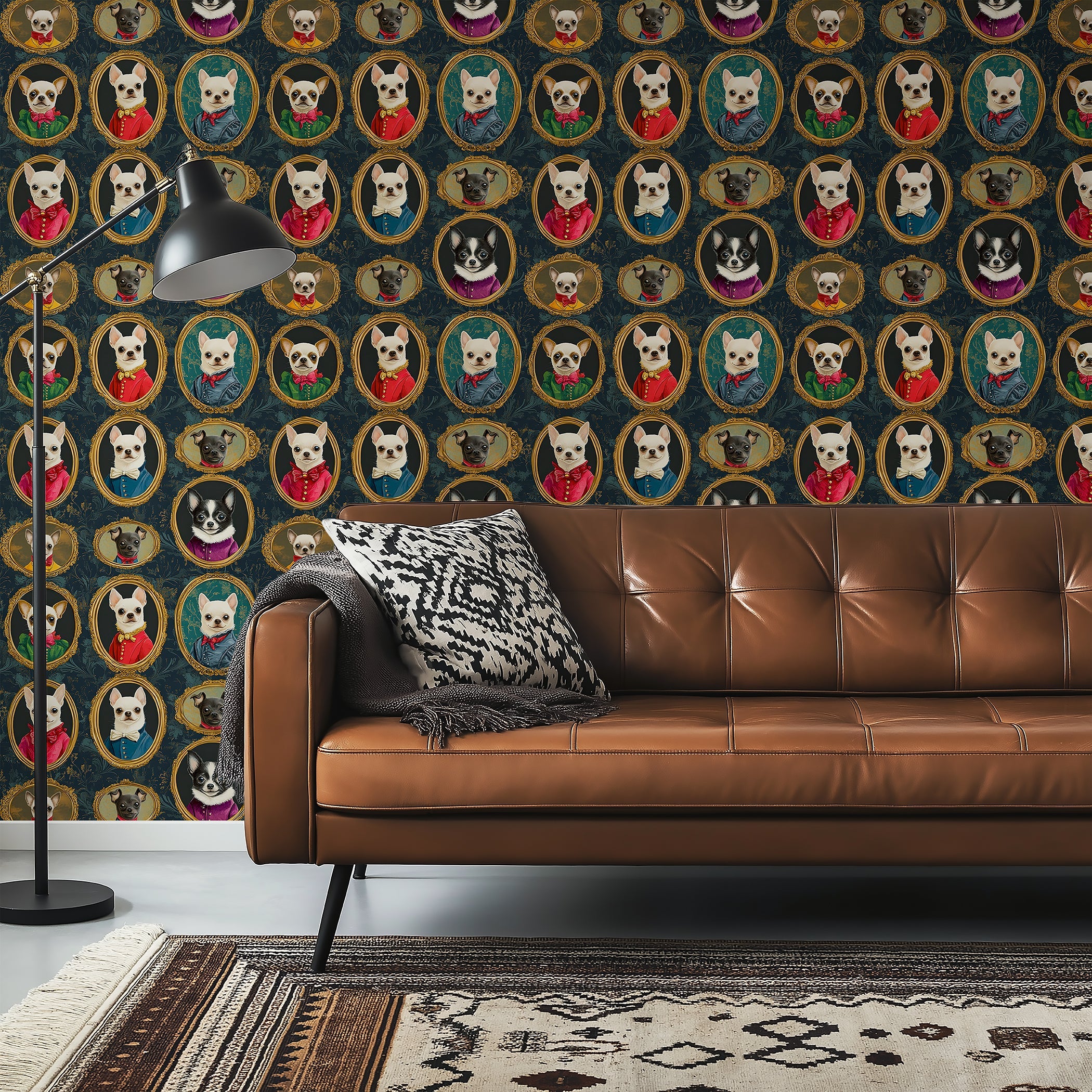 Victorian-themed wallpaper featuring playful Chihuahuas in ornate frames, displayed in a stylish living room setting.