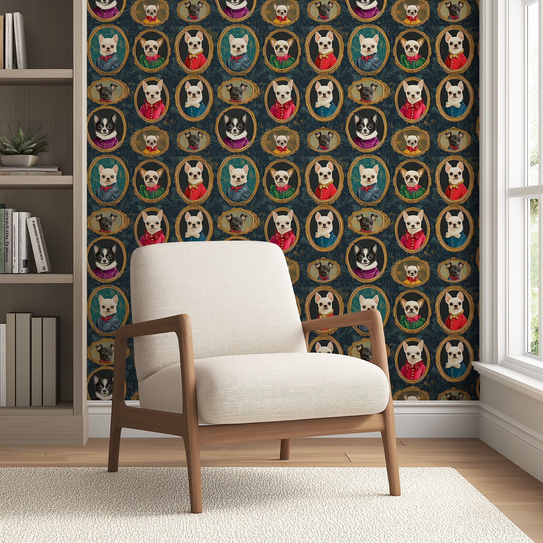 Victorian-style wallpaper featuring Chihuahuas in ornate frames, adding charm to modern decor.