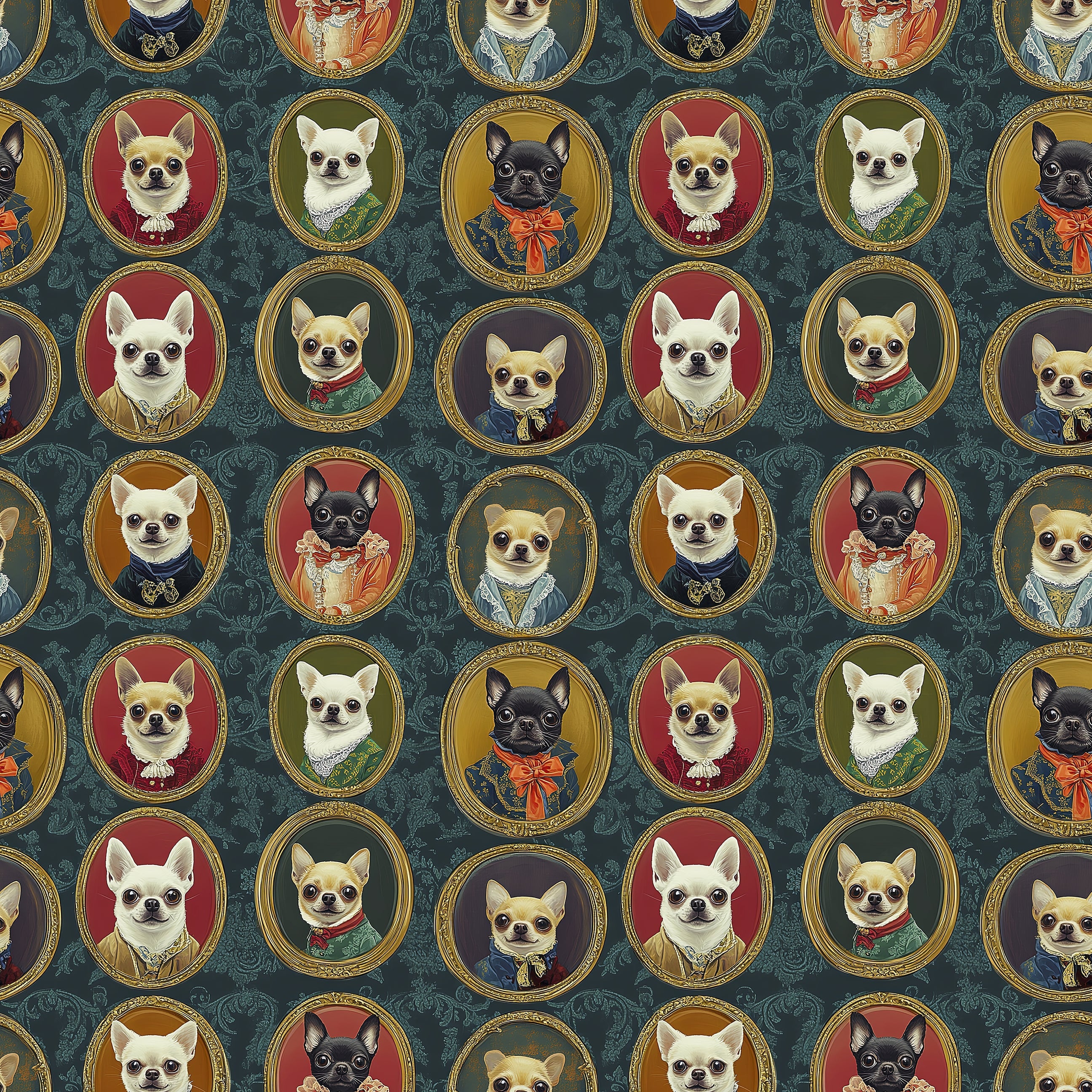 Chihuahuas in vintage attire on dark wallpaper, featuring ornate portraits of dogs in a modern design.