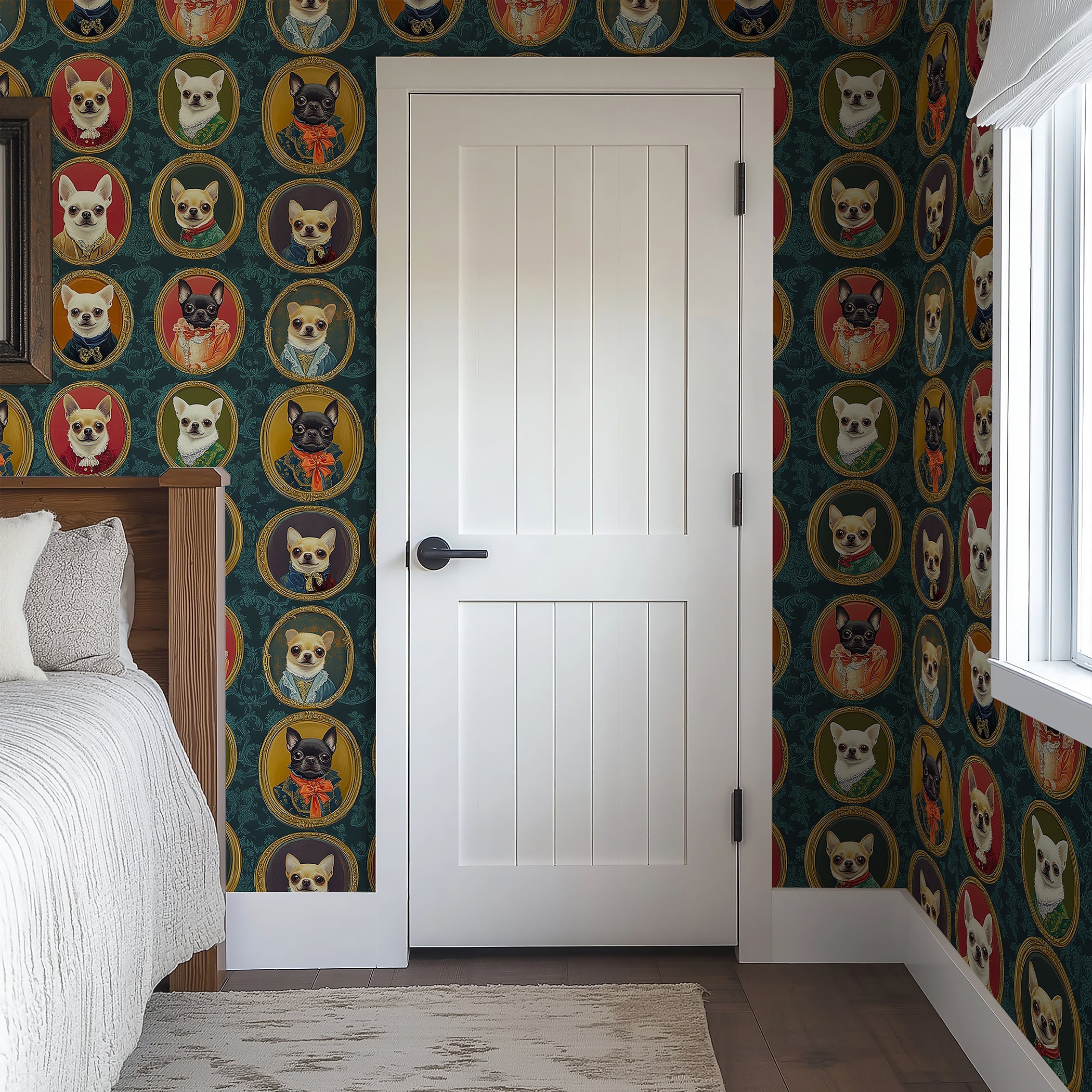Victorian Canine Gallery wallpaper featuring charming Chihuahuas in aristocratic portraits, suitable for modern and pet-friendly spaces.