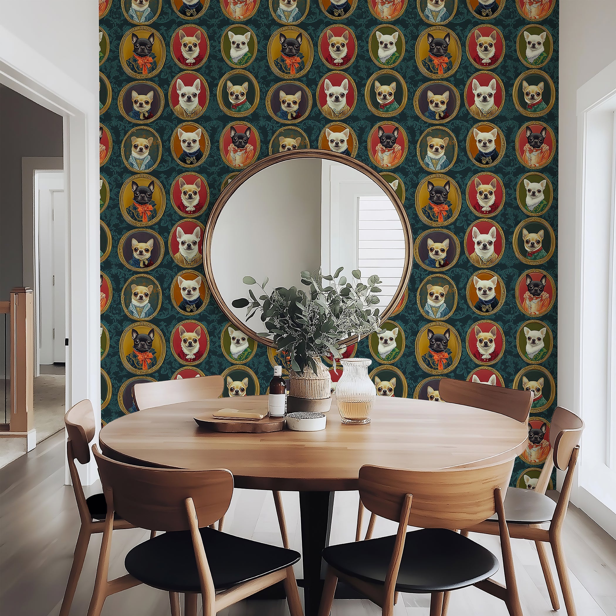 Chihuahuas II wallpaper featuring noble dogs in vintage attire, enhancing a modern dining area with whimsical portraits.