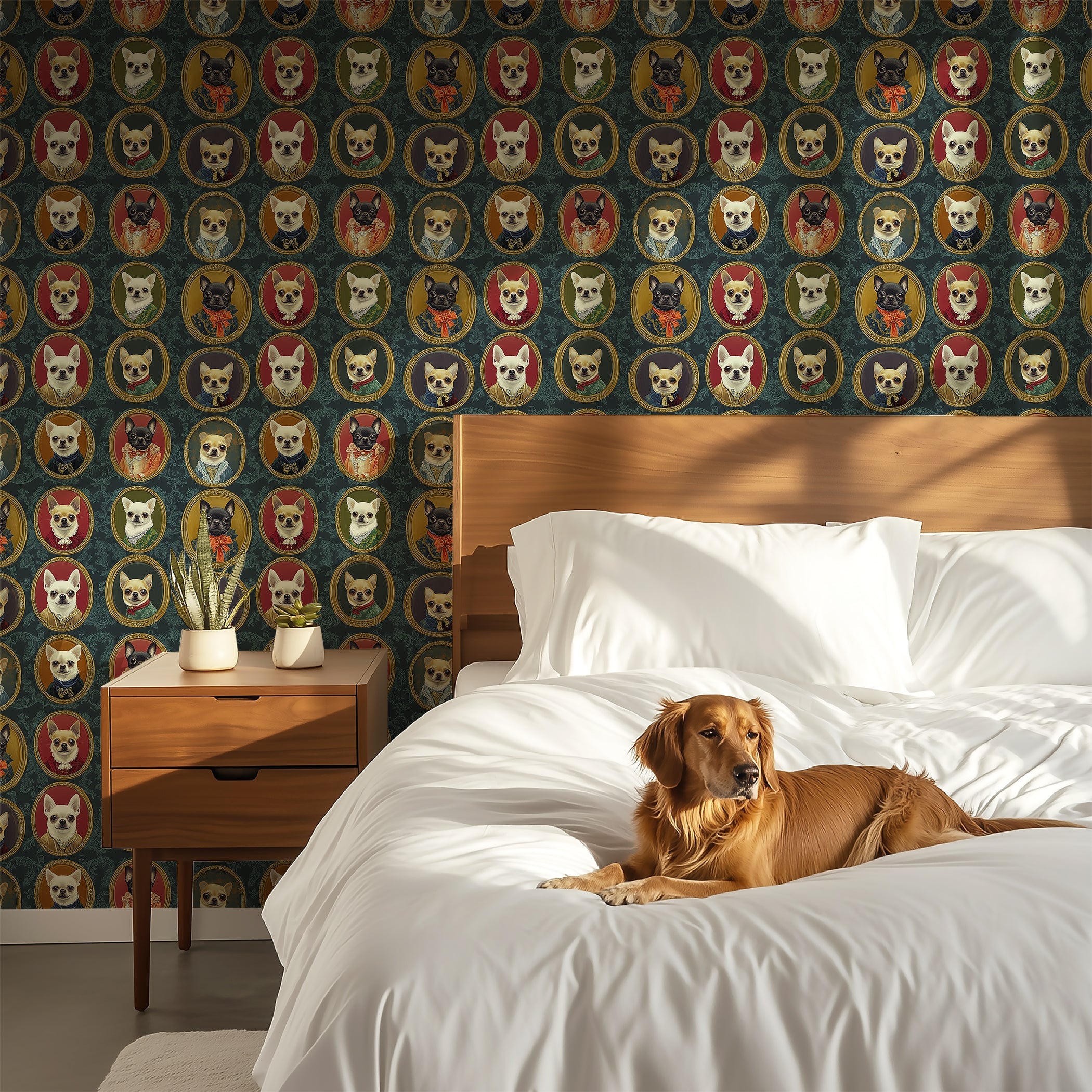 Golden retriever on a bed with Victorian-style Chihuahua wallpaper in the background, showcasing pet-friendly decor.