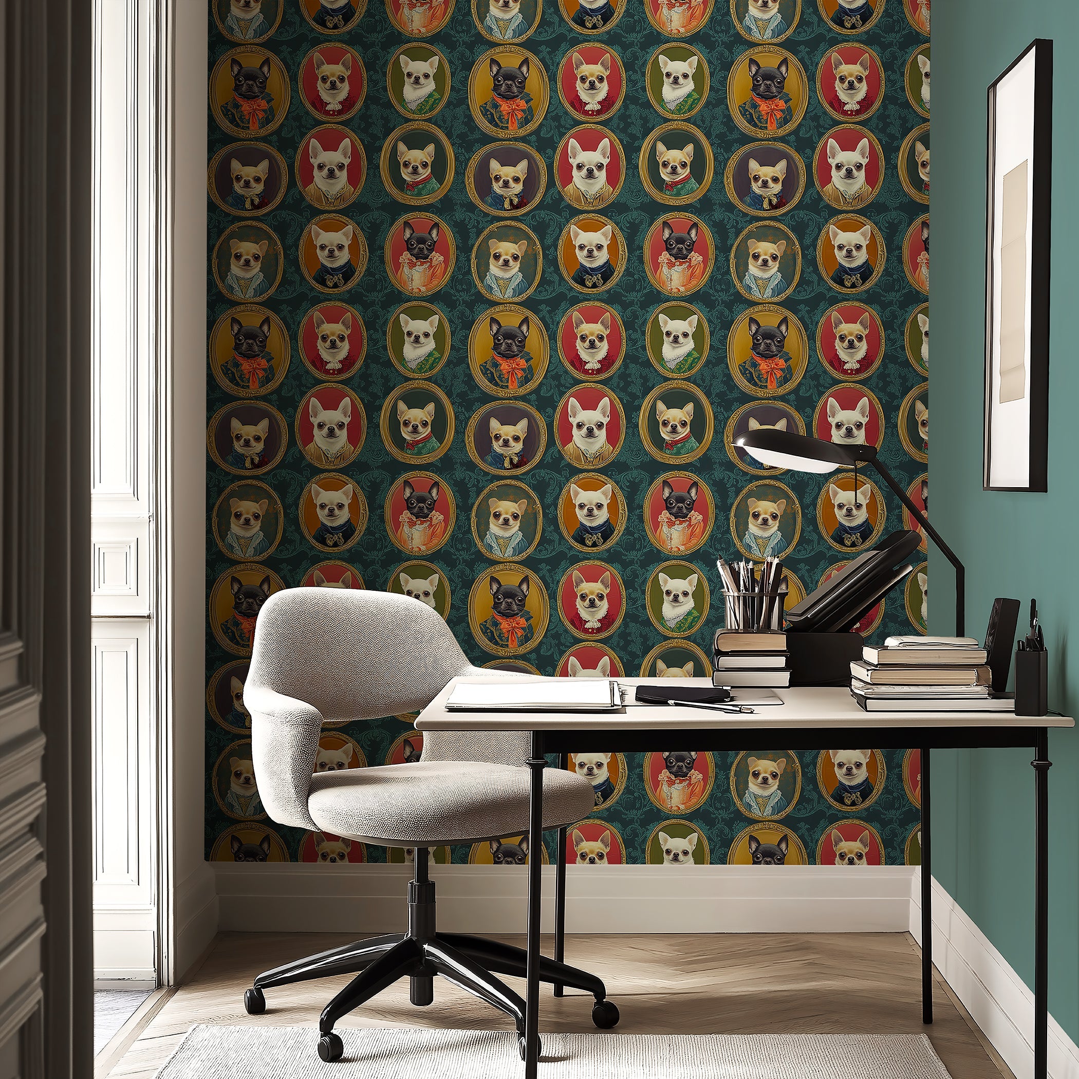 Whimsical wallpaper featuring Chihuahuas in ornate portraits, ideal for modern pet-friendly spaces.