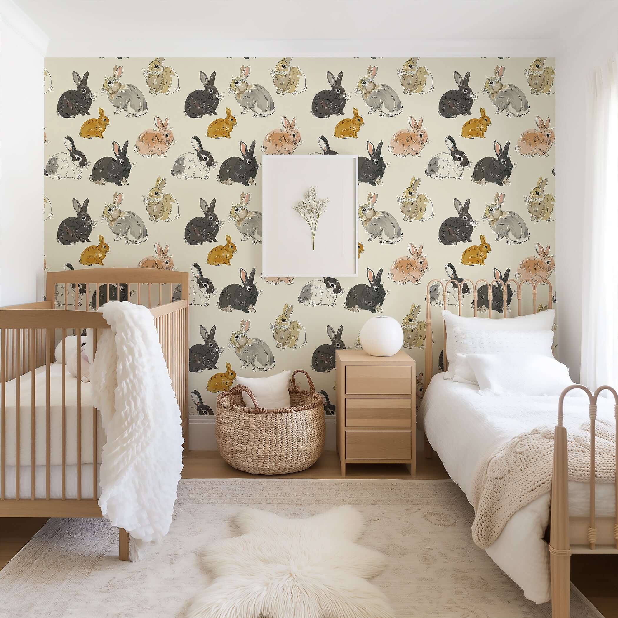 Tan background wallpaper with hand-drawn bunnies, perfect for children's nursery or baby room, adding a whimsical woodland charm.