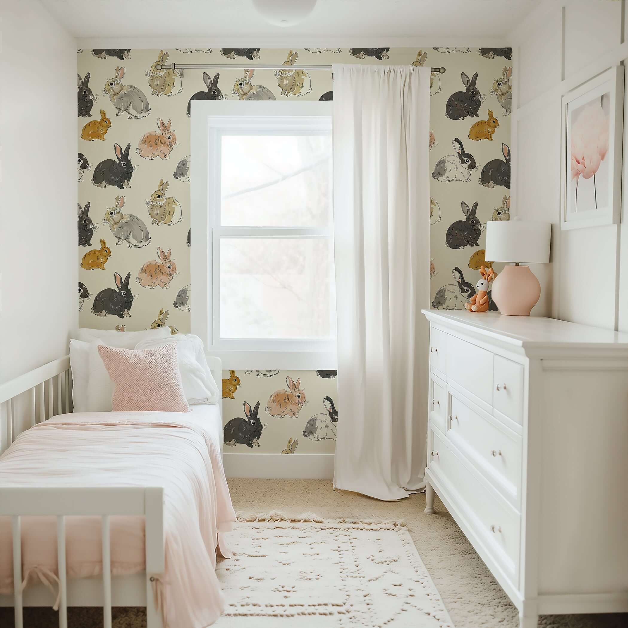 Enchanted Woodland Bunnies wallpaper with hand-drawn rabbits on a tan background in a nursery.