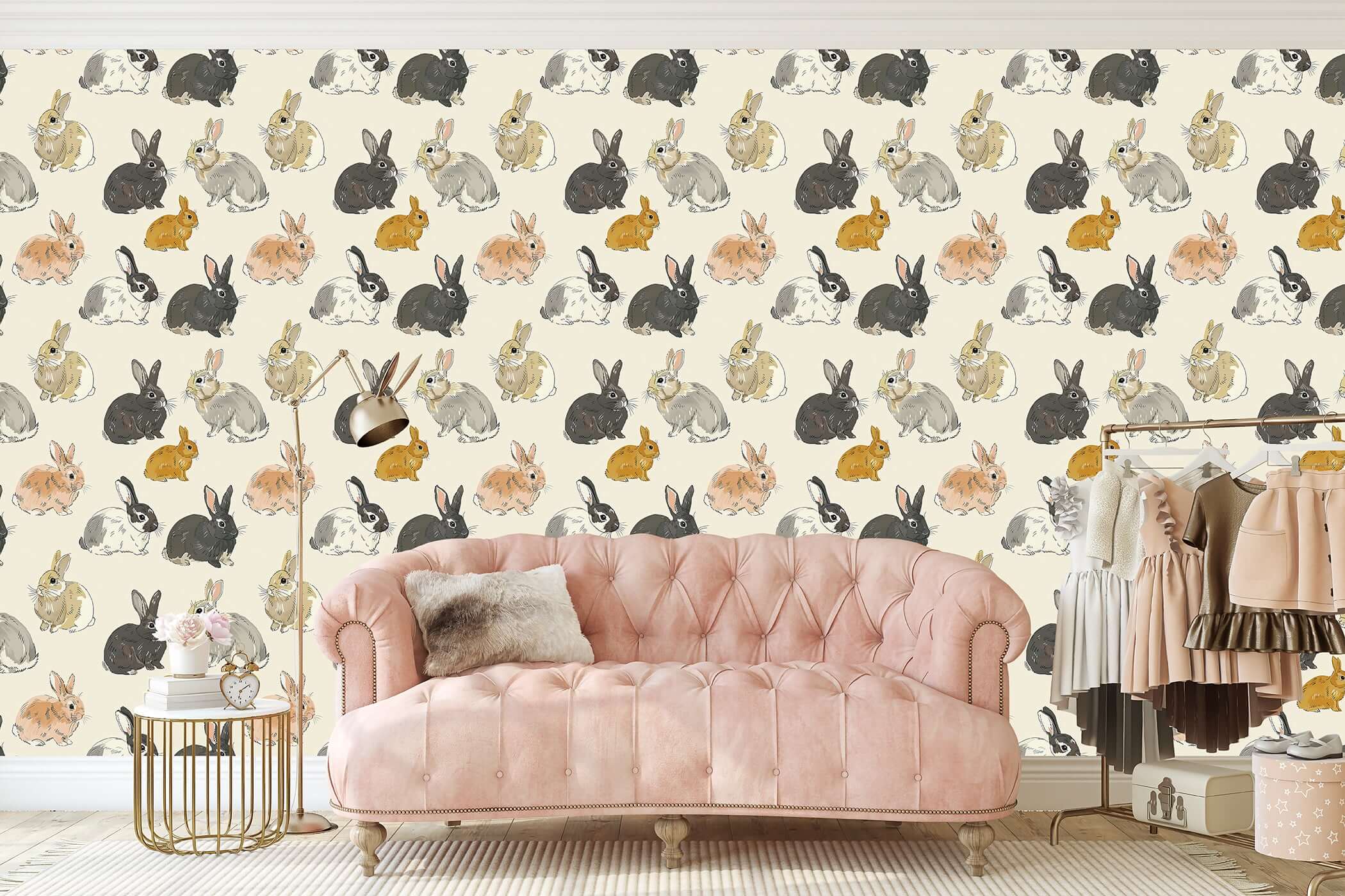 Whimsical wallpaper with hand-drawn bunnies in natural shades on a tan background, perfect for nurseries and children’s rooms.
