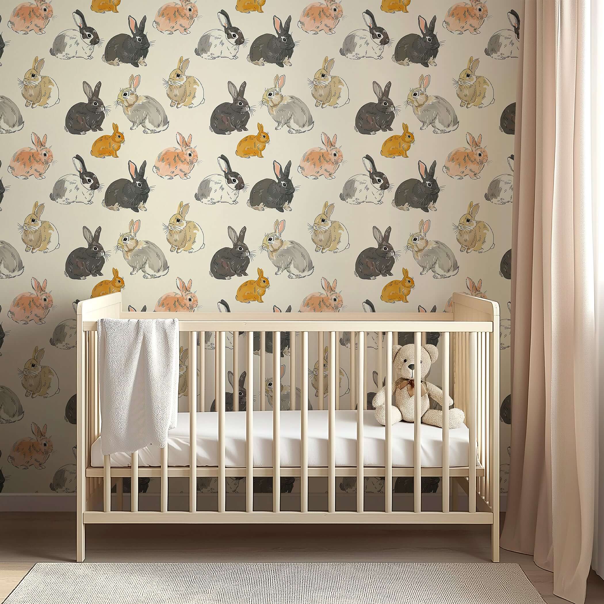 Charming nursery with Enchanted Woodland Bunnies wallpaper featuring hand-drawn rabbits in various shades on a tan background.