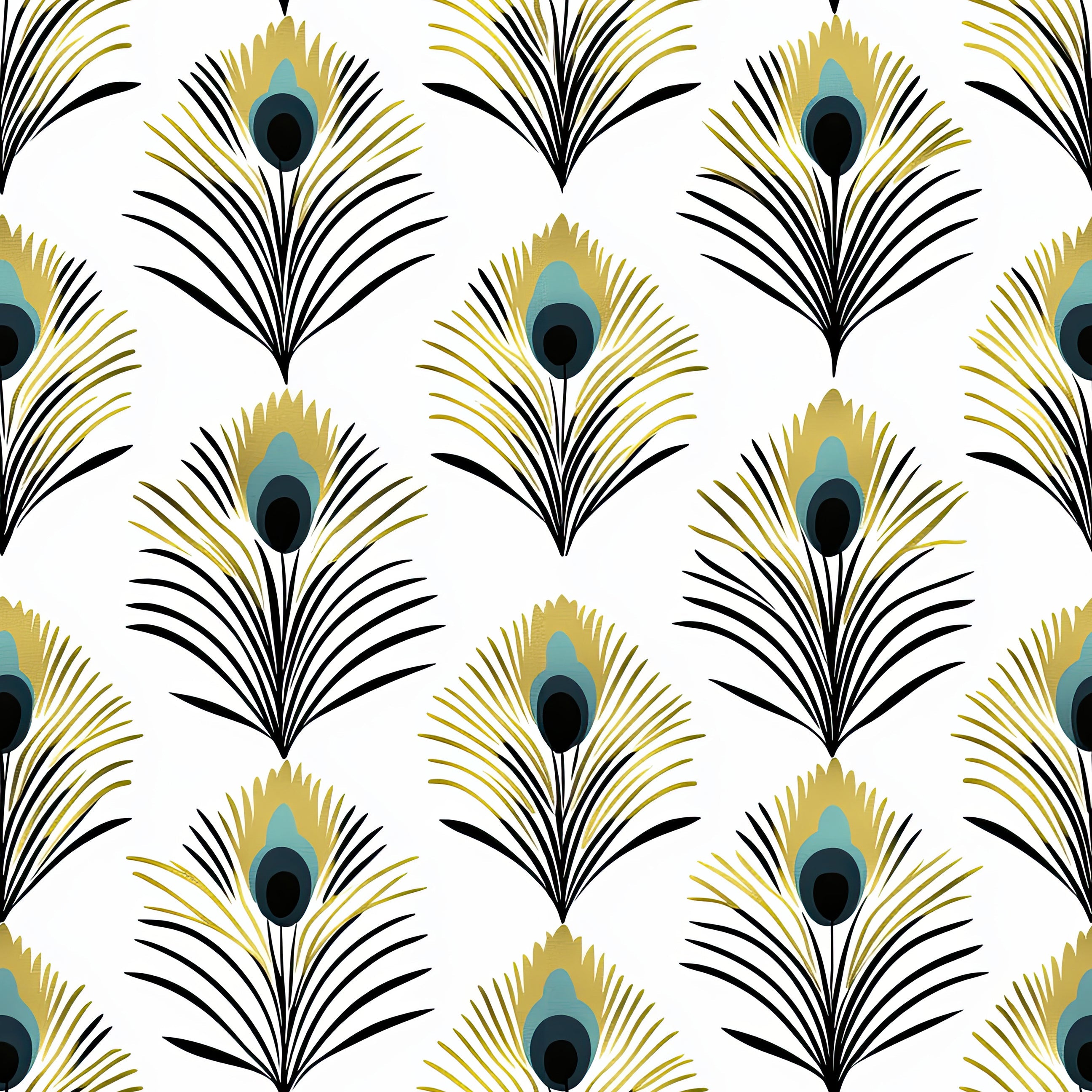 Art Deco peacock feathers wallpaper in teal, black, and gold on a white background, perfect for luxurious interiors.