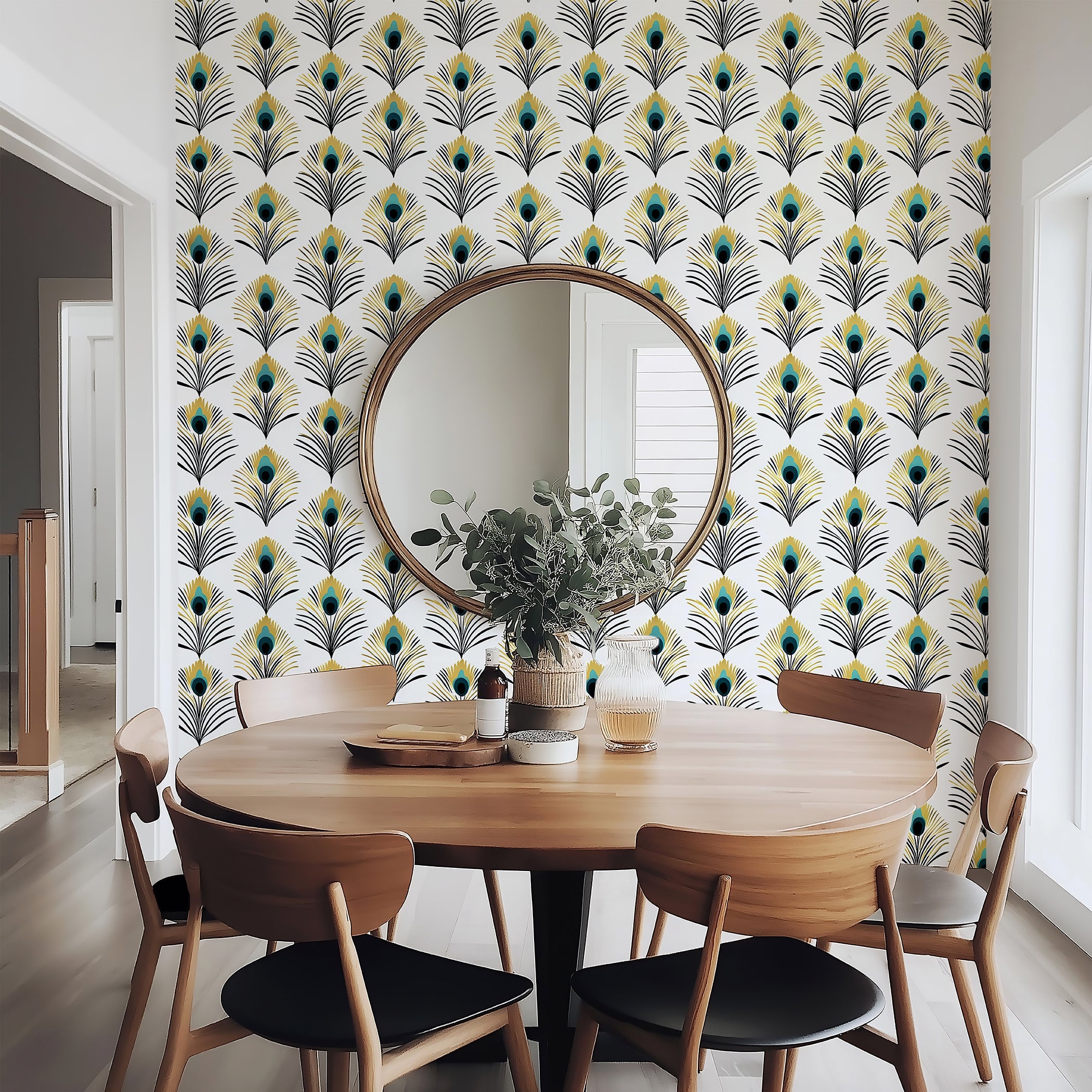 Opulent Feathers wallpaper featuring peacock feathers in deep teal and gold on a white background, enhancing a modern dining space.